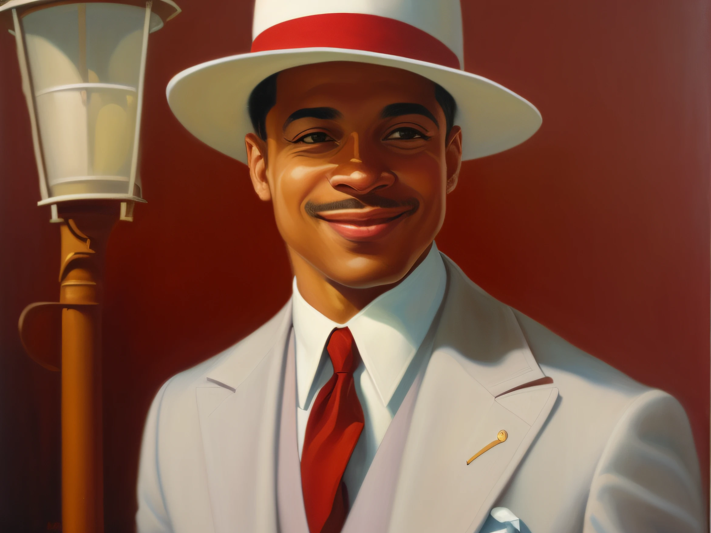 painting of a man in white suit and red tie and white hat, inspired by Kadir Nelson, artwork by Peter Bell, by Kadir Nelson, portrait of the character, inspired by Art Frahm, inspired by Thomas Blackshear, pulp character portrait, man smug smile of fancy art, white suit and hat, a suitable man in a hat,  In the background the arches of Lapa.