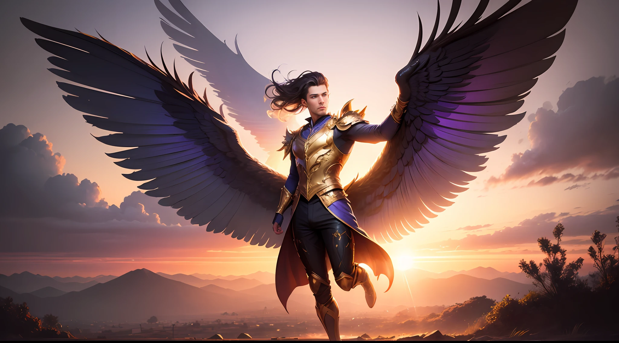 Fairy beautiful male man with gold and purple details, large wings, flying in the air, vegetation blurred background, soft colors, soft light, sunset light, smooth light, symmetrical, full body, reflections, HDR lighting, 8k resolution, cinematic film, smooth, strobe light beams, masterpiece, full body