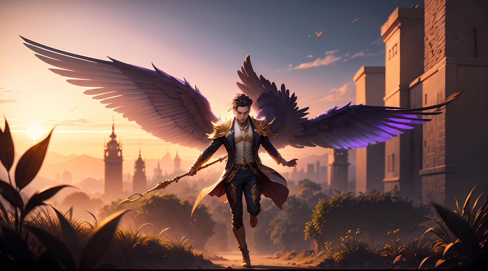 Fairy beautiful male man with gold and purple details, large wings, flying in the air, vegetation blurred background, soft colors, soft light, sunset light, smooth light, symmetrical, full body, reflections, HDR lighting, 8k resolution, cinematic film, smooth, strobe light beams, masterpiece, full body
