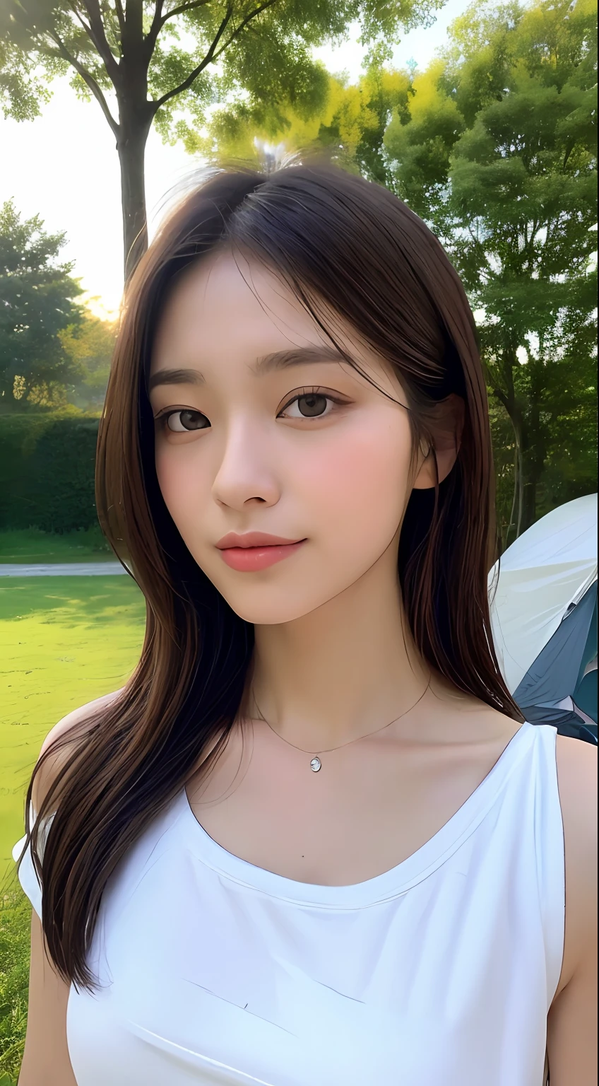 ((Realistic lighting, Top Quality, 8K, Masterpiece: 1.3)), Clear Focus: 1.2, 1 Girl, Perfect Figure: 1.4, Slim Abs: 1.1, ((Dark Brown Hair)), (White Crop Top: 1.4), (Outdoor, Night: 1.1), Ultra Slender Face, Narrow Eyes, Double Eyelids, Campsite, BBQ, Towel on Neck, Chums T-Shirt