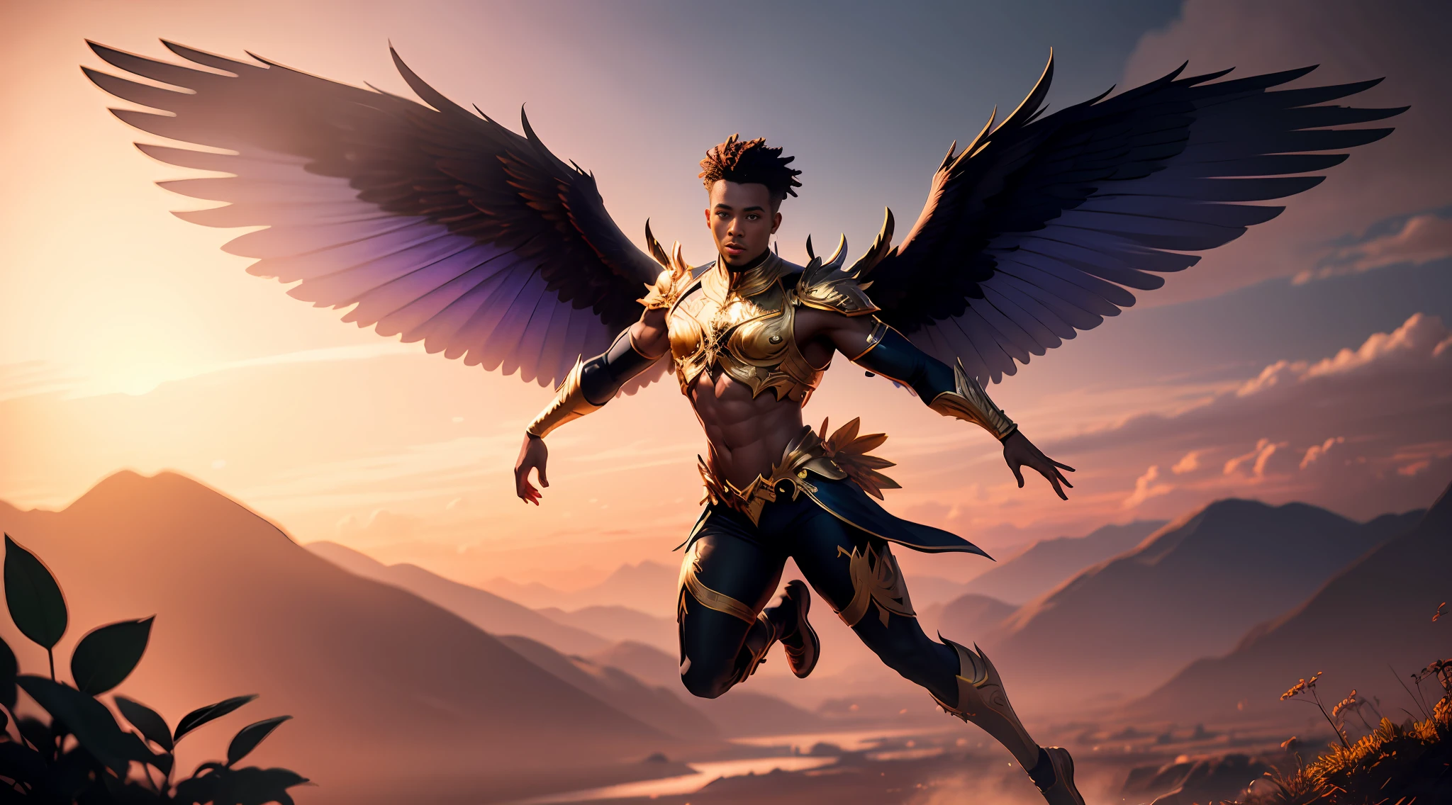 Fairy male black man with gold and purple details, large wings, flying in the air, vegetation blurred background, soft colors, soft light, sunset light, smooth light, symmetrical, full body, reflections, HDR lighting, 8k resolution, cinematic film, smooth, strobe light beams, masterpiece, full body