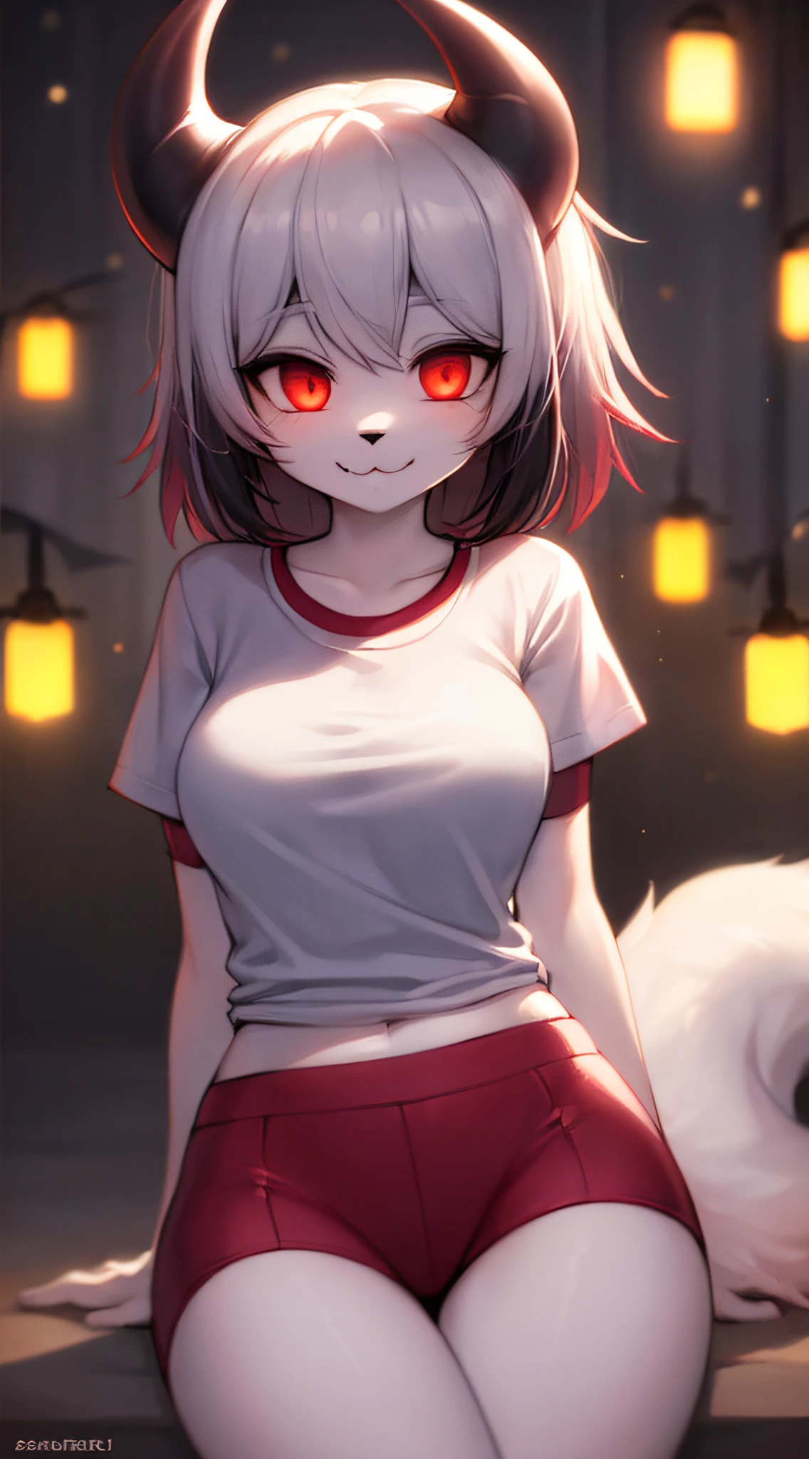 (Vampire), (Hand behind Back), (Succubus), Furry, White Fur, Super Cute Face, Detail Elements on Fur, Glowing T-Shirt, Beautiful Lights and Shadows, Ambient Light, Super Fine Fur, Volumetric Light