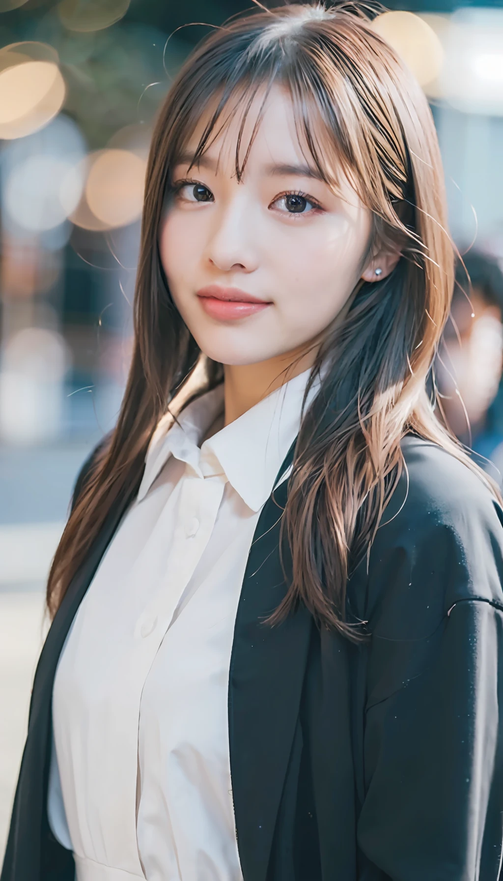 (8K, Best Quality, Masterpiece, Ultra High Definition, High Definition Face: 1.3), Portrait, (20-year-old girl: 1.3), Beautiful, Cute, Bokeh, (full body shot: 1.3), light smile, formal clothes, face the front,