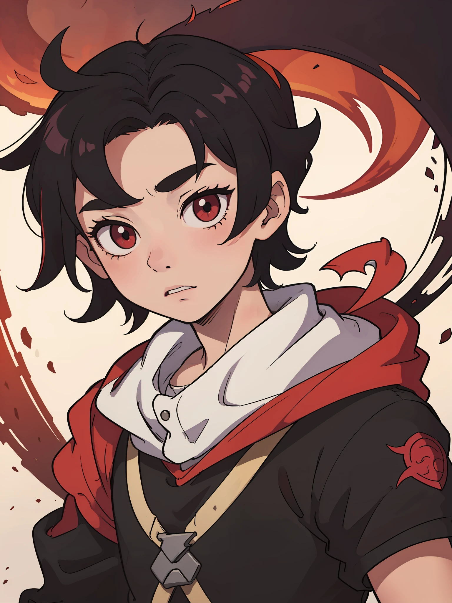 Cartoon,  boy short hair, Demon Slayer atmosphere, black hair and red eyes.