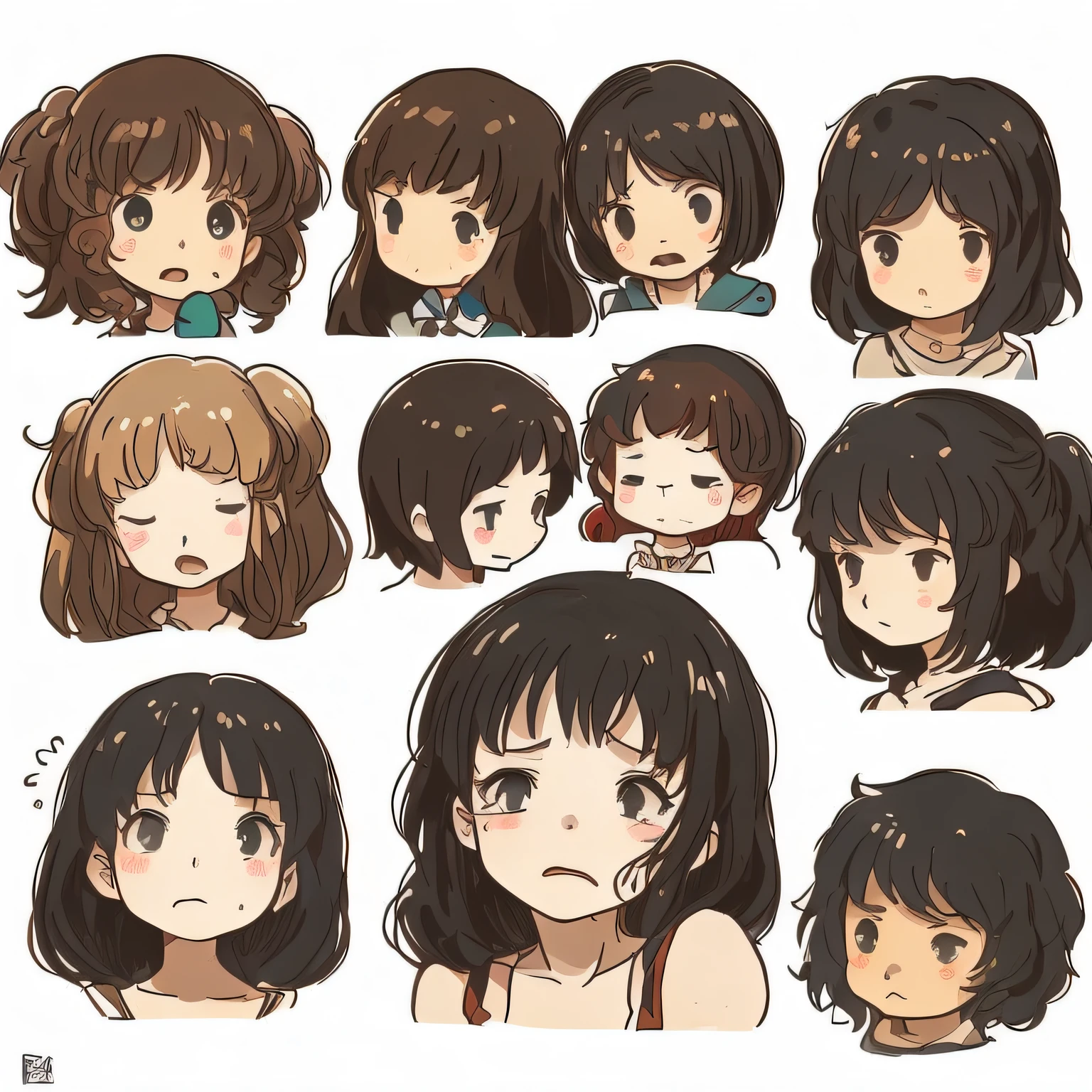 white background, character sheet, cute hand drawn illustration, logo design, ghibli style, unique character, anger, joy, sadness, surprise, fatigue, expressionless, defiant, tears, patience, love, masterpiece, high quality