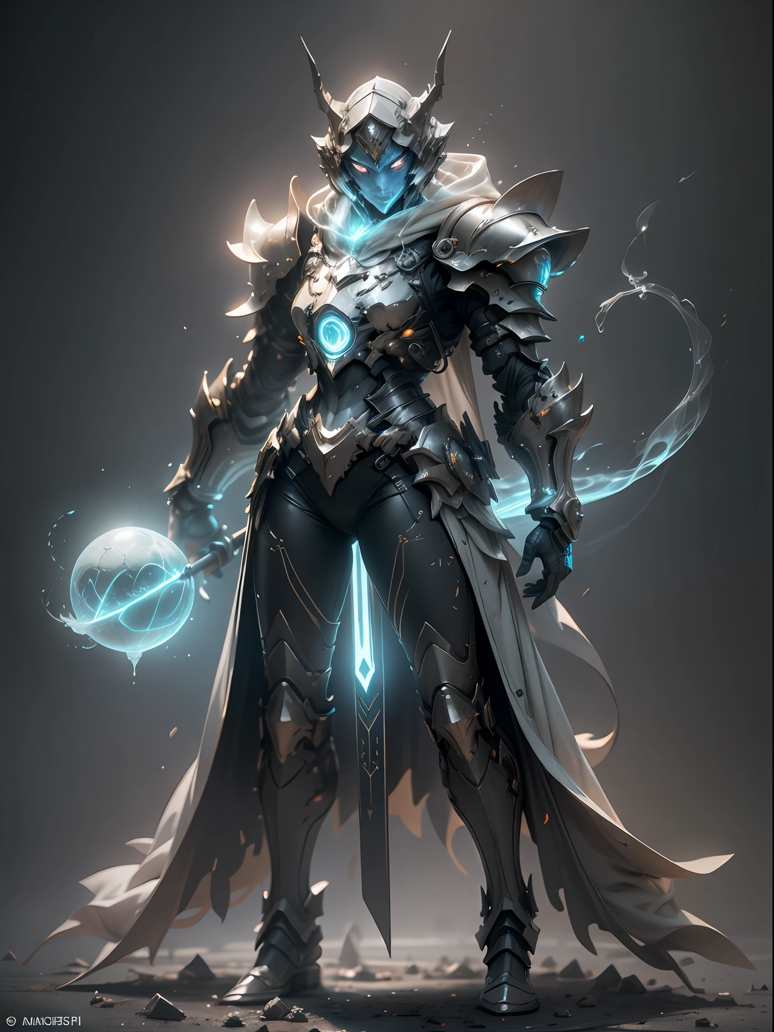 Ghost armor holding huge ice wand, mage, full body ice blue armor, super cool ghost mage, wearing ice blue cloak, huge staff, magic ball, magic casting pose, tall figure, glowing eyes, tall figure, perfect body proportions, super detail, IP by pop mart, edge light, avatar, octane rendering, blender, full body, clean black background, 3d, c4d, best quality, very detailed, ancient technology, HDR (high dynamic range), Ray Tracing, NVIDIA RTX, Super Resolution, Unreal 5, Subsurface Scattering, PBR Textures, Post-Processing, Anisotropic Filtering, Depth of Field, Maximum Sharpness and Acutance, Multi-layer Textures, Albedo and Highlight Maps, Surface Shading, Accurate Simulation of Light-Material Interactions, Perfect Proportions, Octane Rendering, Two-tone Lighting, Low ISO, White Balance, Rule of Thirds, Wide Aperture, 8K RAW, High Efficiency Sub-Pixel, Subpixel Convolution, Luminous Particles, Light Scattering, Tyndall Effect