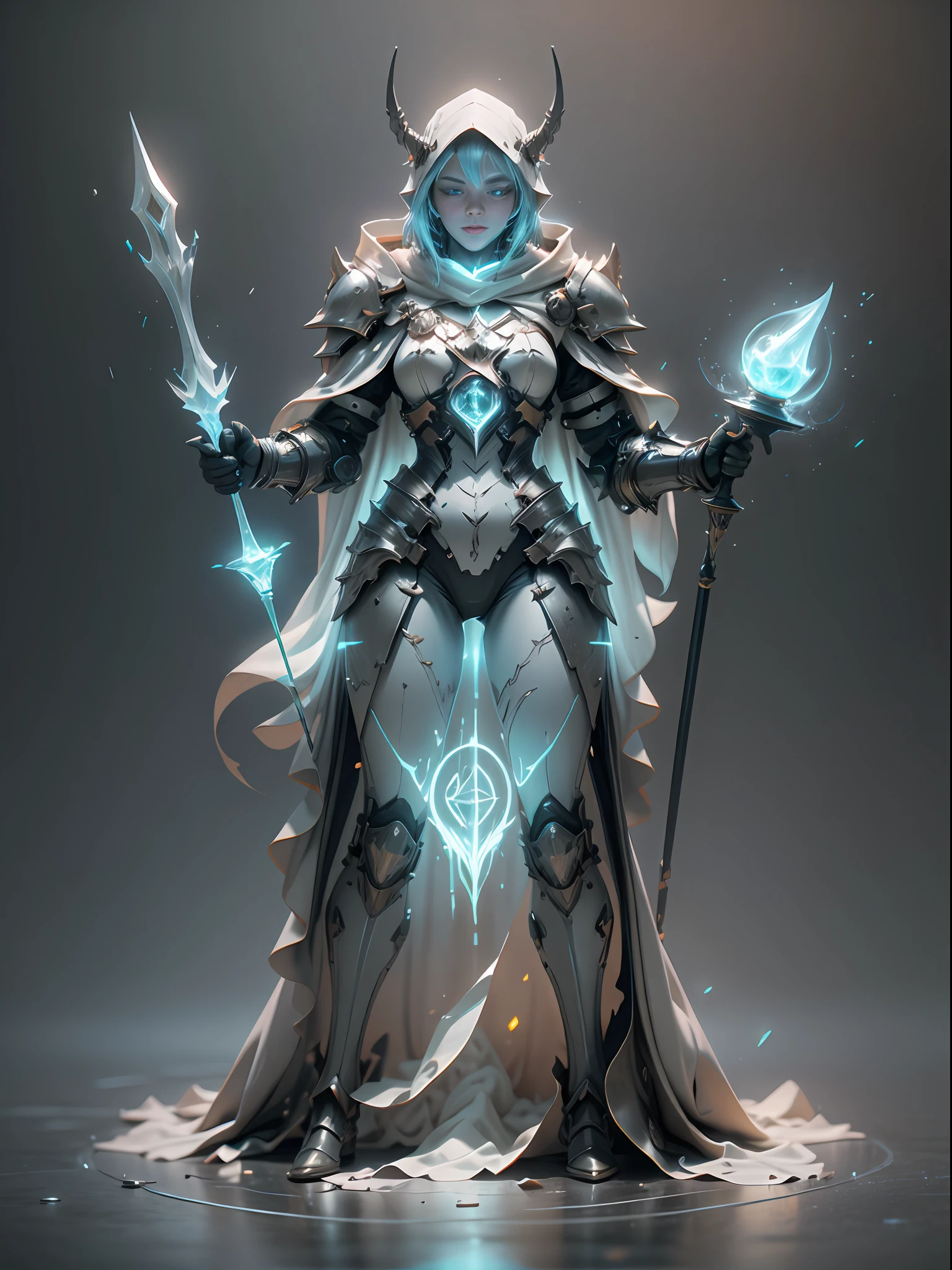 Ghost armor holding huge ice wand, mage, full body ice blue armor, super cool ghost mage, wearing ice blue cloak, huge staff, magic ball, magic casting pose, tall figure, glowing eyes, tall figure, perfect body proportions, super detail, IP by pop mart, edge light, avatar, octane rendering, blender, full body, clean black background, 3d, c4d, best quality, very detailed, ancient technology, HDR (high dynamic range), Ray Tracing, NVIDIA RTX, Super Resolution, Unreal 5, Subsurface Scattering, PBR Textures, Post-Processing, Anisotropic Filtering, Depth of Field, Maximum Sharpness and Acutance, Multi-layer Textures, Albedo and Highlight Maps, Surface Shading, Accurate Simulation of Light-Material Interactions, Perfect Proportions, Octane Rendering, Two-tone Lighting, Low ISO, White Balance, Rule of Thirds, Wide Aperture, 8K RAW, High Efficiency Sub-Pixel, Subpixel Convolution, Luminous Particles, Light Scattering, Tyndall Effect