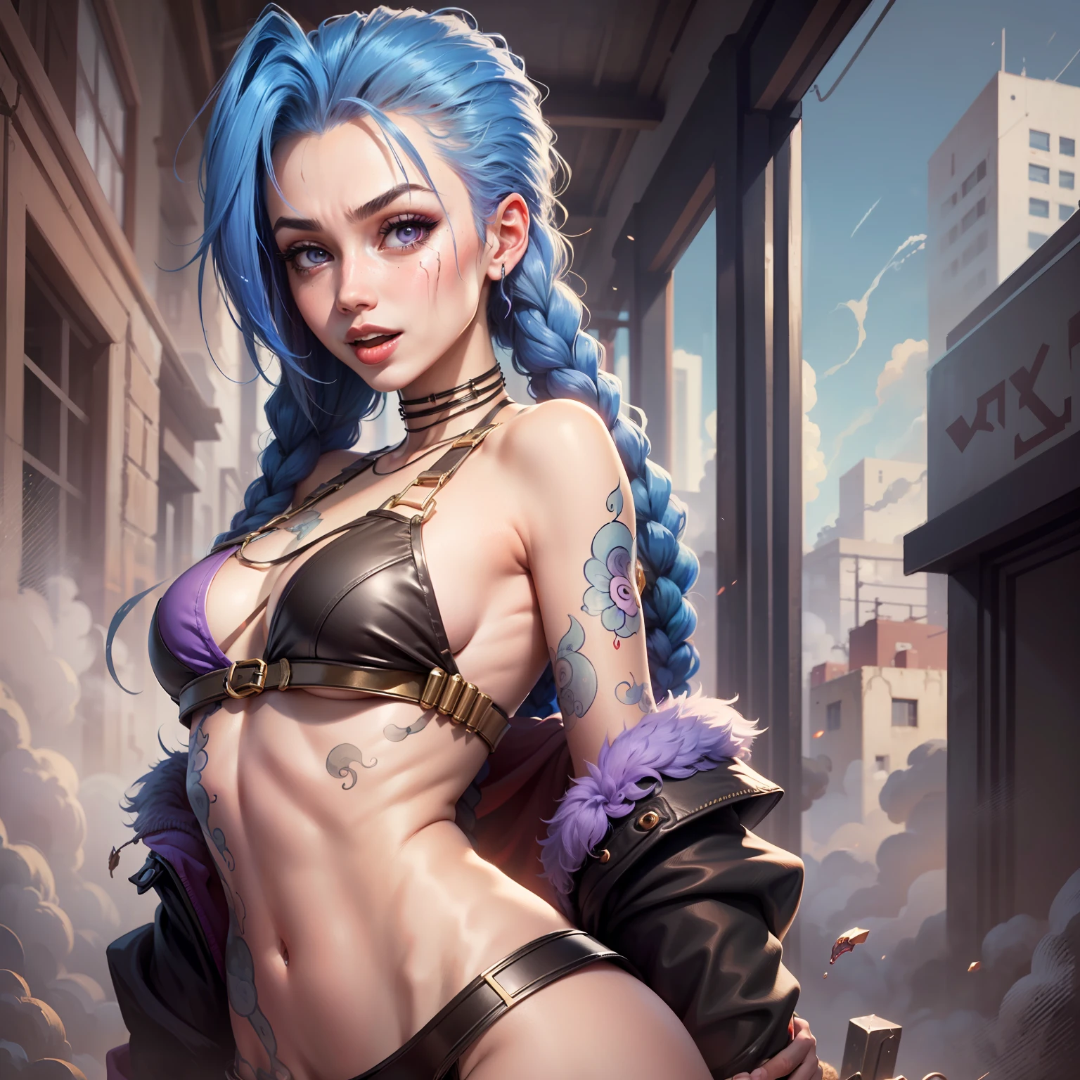 Jinx, lol, happy, in black bikini, looking at the viewer, moist body, big explosion in the background, sensuality in the body, small chest, tight bikini, purple iris, provocative, showing the tongue, breast beak marking