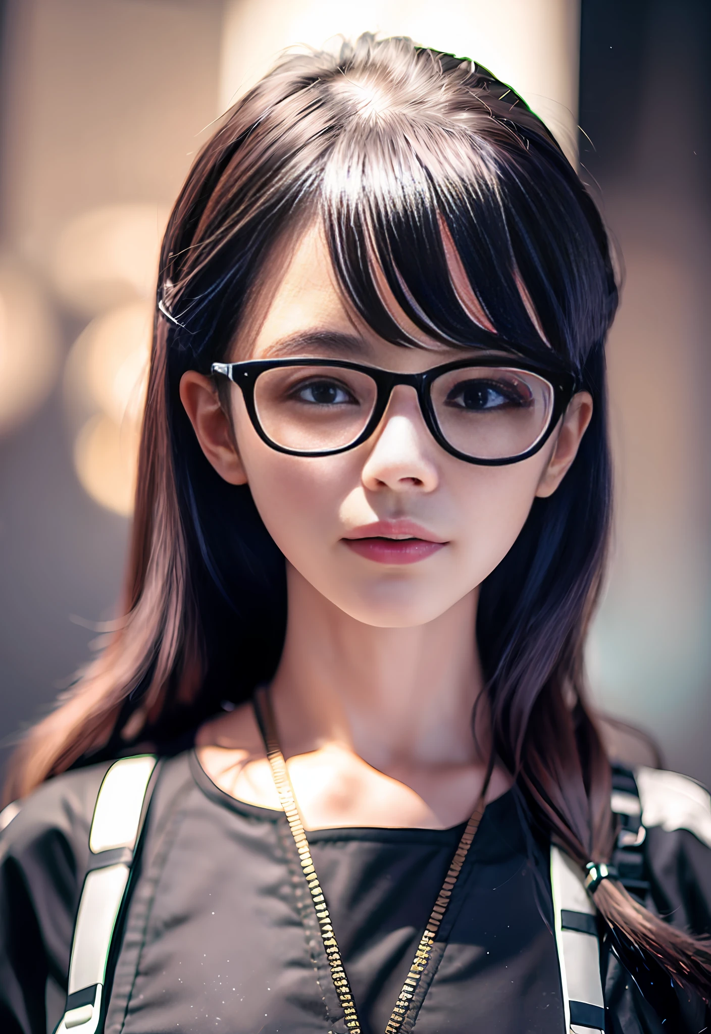 a close up of a person wearing glasses, with black eyeglasses, wearing eyeglasses, wearing small round glasses, wearing thin large round glasses, wearing black frame glasses, without glasses, !!wearing modern glasses!!, betty la fea, eyeglasses,posing for camera, south east asian with round face, girl wearing round glasses, wearing medium - sized glasses, rounded eyeglasses, model:Digital --auto --s2