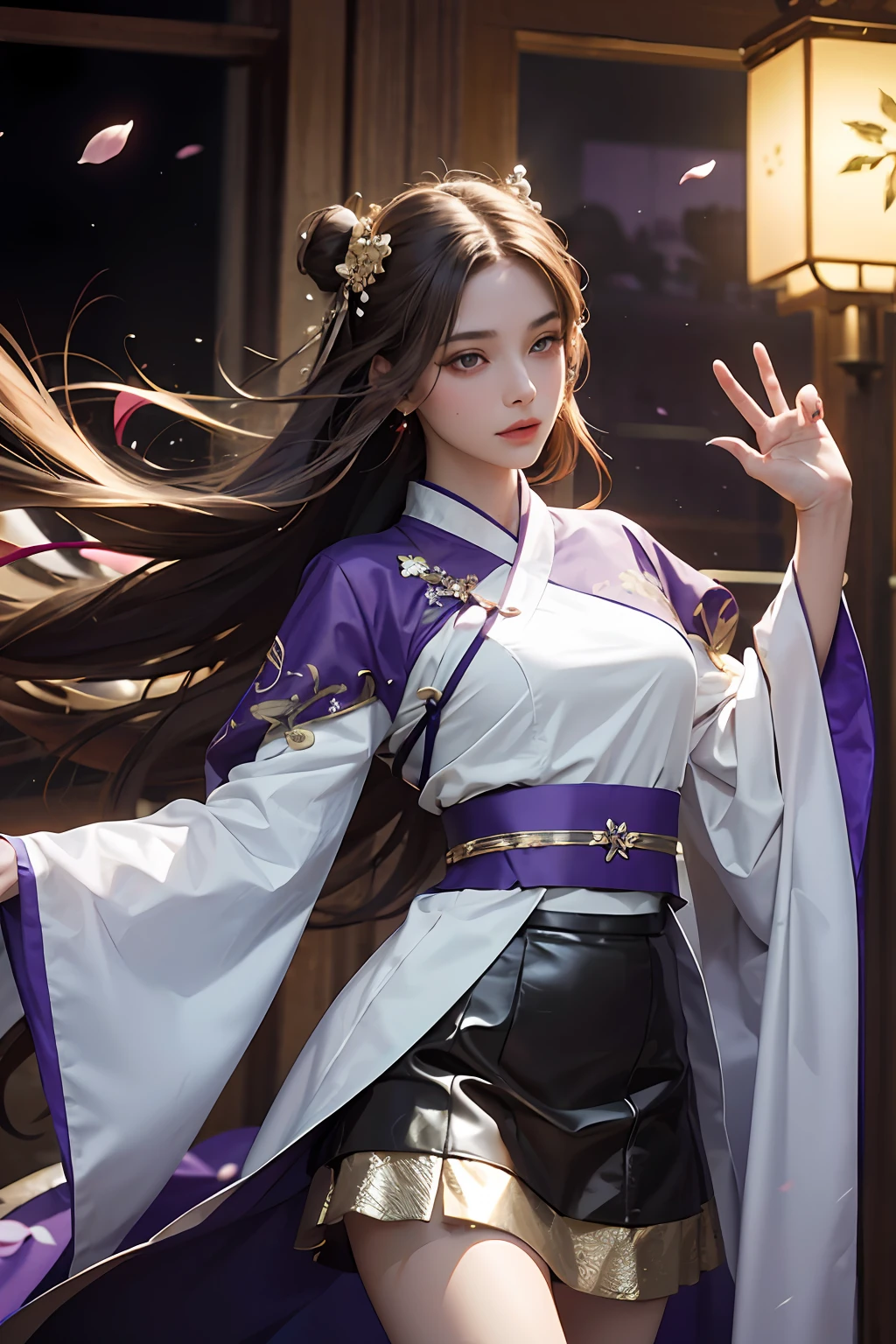 Superb Quality, Masterpiece, High Resolution, (Exquisite Body: 1.5), Stunning Beauty, (Milky Skin: 1.3), Exquisite Details, High Resolution, Wallpaper, 1 Woman, Solo, Dress, Hair Accessories, (((Golden Purple Skirt)) ), Flower, Long Hair, Brown Hair, Shut Up, Accessories, Long Sleeves, Raised Hand, Wide Sleeves, Big Eyes, Flowing Hair, Hanfu, Hanfu, Embroidery, Long Skirt, Natural Pose, Falling Petals, Indoor, Fanning, Lantern, 16K, HDR, High Resolution, Depth of Field, (Film Grae: 1.1), Bocon, Primetime, (Lens Glow), Vignette, Rainbow, (Color Grading: 1.5)