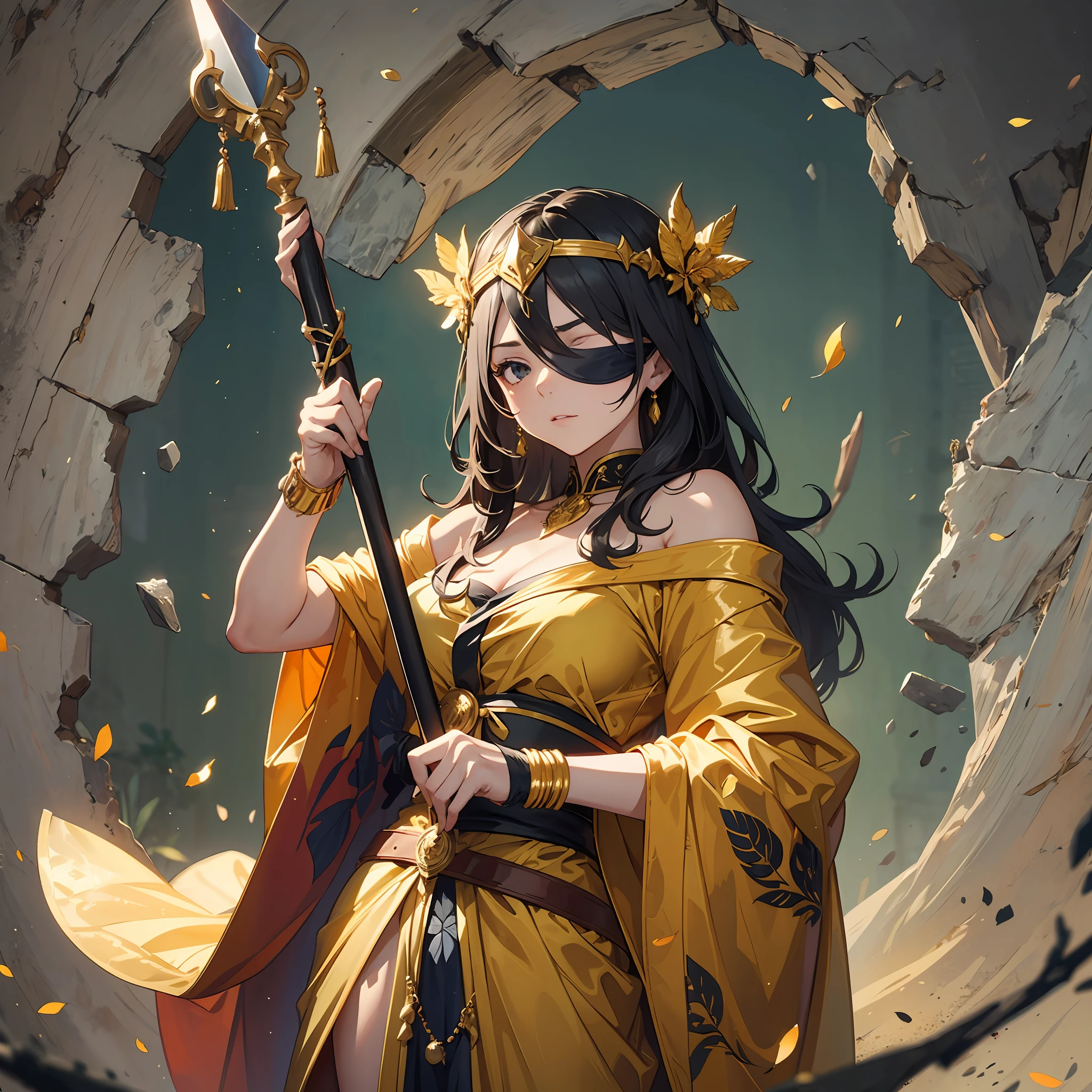 Woman in golden robes holding a spear and scale, blindfolded