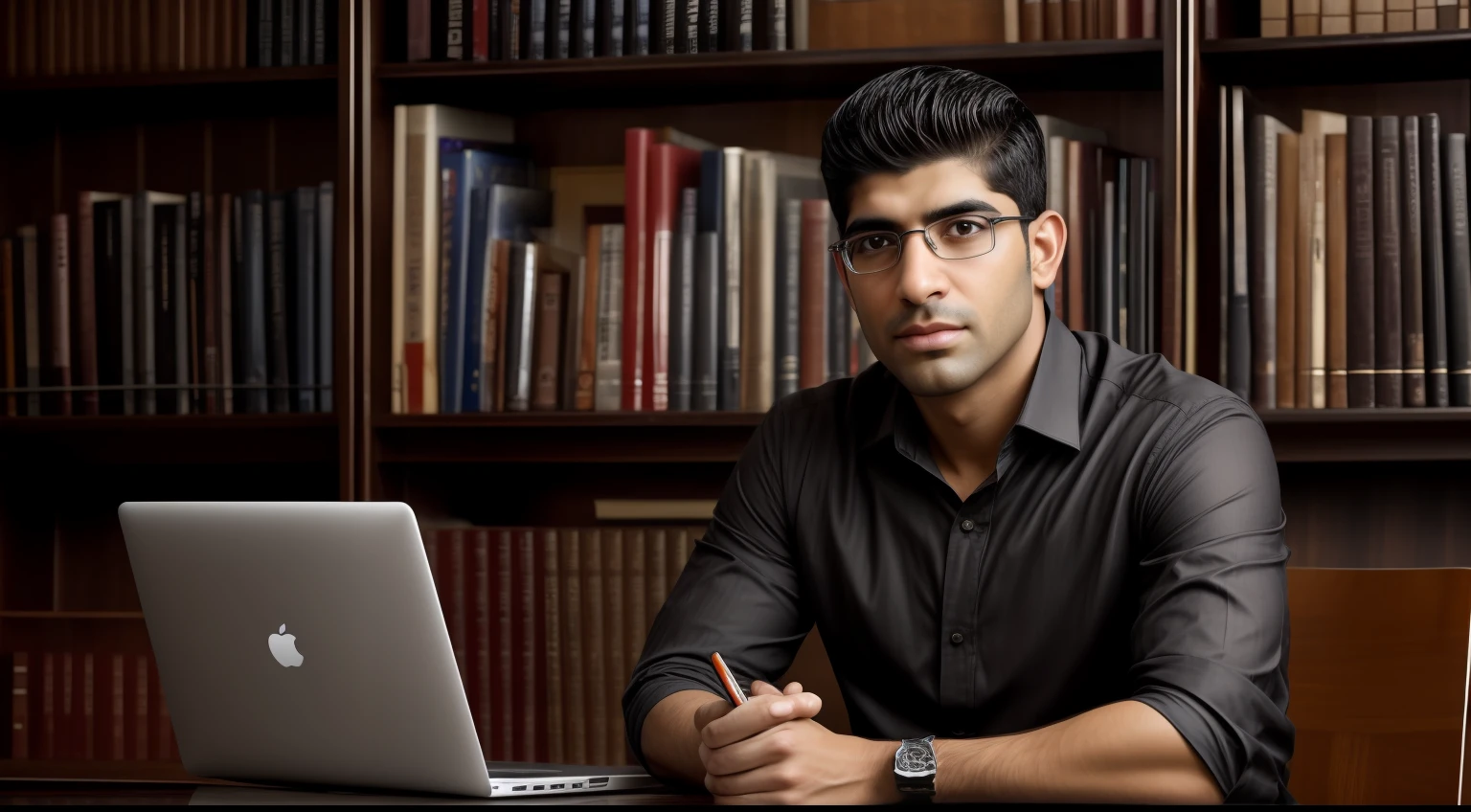 Arafed man in a black turtle collared shirt standing in front of a bookshelf, art in the foreground: mid shot portrait, hq, photo of a handsome man, looking directly at the camera, man in his 35s, sitting in a chair behind his office desk, on top of the desk is an Apple-branded laptop, portrait image, by Etienne Delessert, sayem reza, inspired by Yousuf Karsh, cinematic portrait headshot