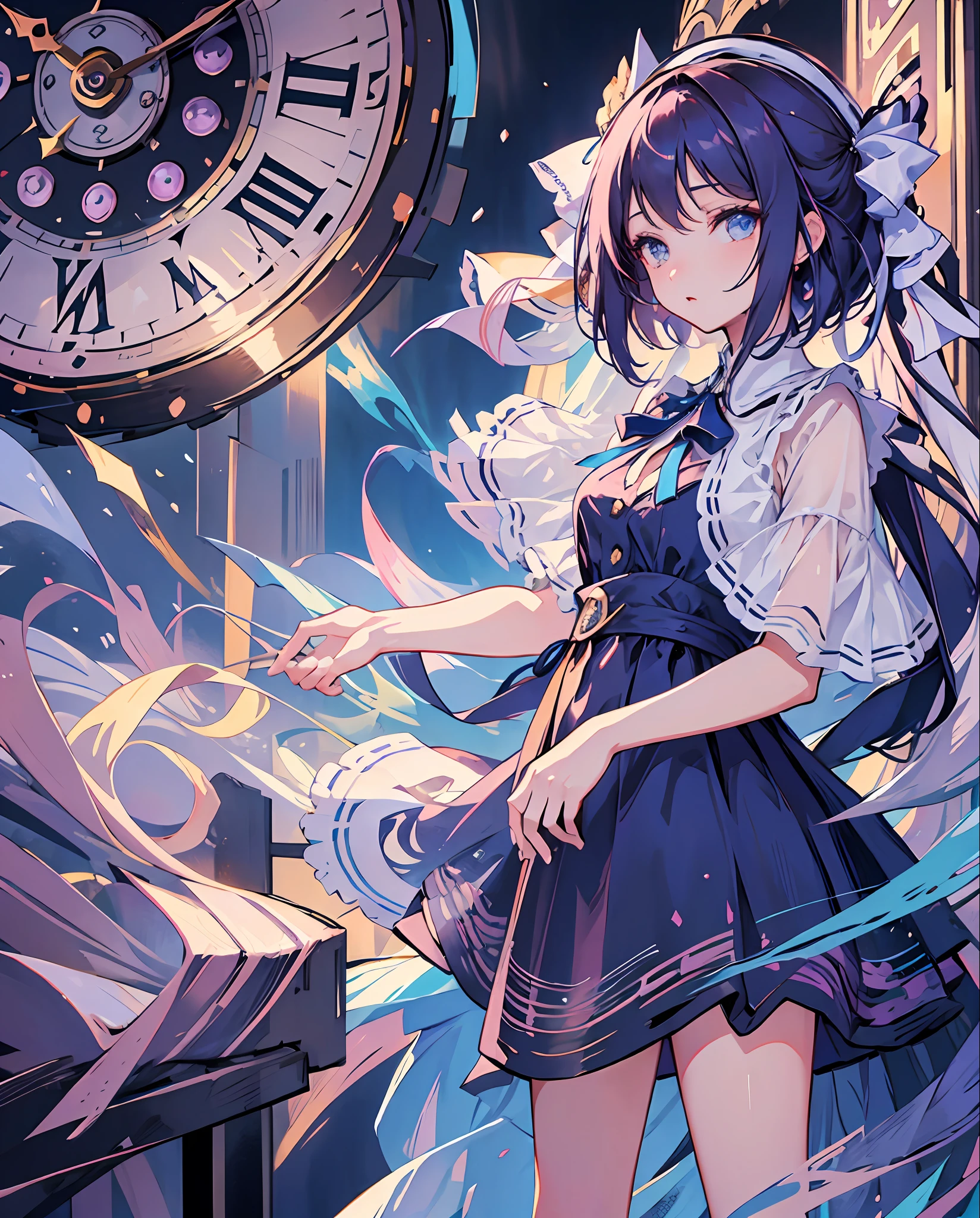 masterpiece, best quality, one girl, short cut blue long dress, white ribbon,abstract background, clock,