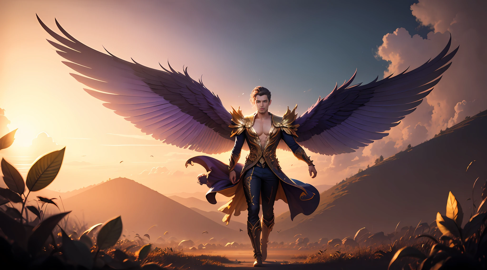 Fairy beautiful male man with gold and purple details, large wings, flying in the air, vegetation blurred background, soft colors, soft light, sunset light, smooth light, symmetrical, full body, reflections, HDR lighting, 8k resolution, cinematic film, smooth, strobe light beams, masterpiece, full body
