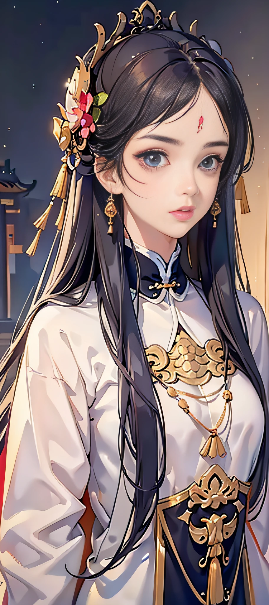 (RAW Photo, Best Quality), (Realistic, Photo Realistic: 1.3), Best Quality, Highly Detailed, Masterpiece, Hyperdetail, Illustration, 1 Girl, Forehead with Painting, upper_body, Dynamic Angle, World Masterpiece Theater, messy_long_hair, Best Quality, Extremely Detailed CG Unified 8k Wallpaper, Ink, Amazing, Cinematic Lighting, lens_flare,dunhuang_style