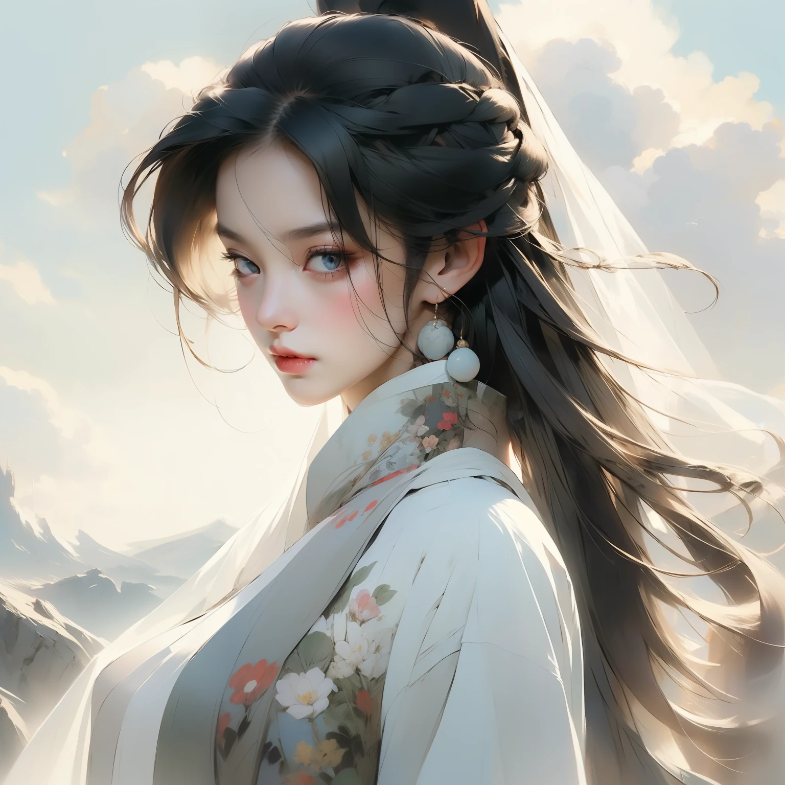 A beautiful bust of a woman draped in a scarf, open meadow, blue sky and white clouds, delicate face full of details, high detail, 8k, vivid and bright colors, behance hd, masterpiece, best quality,