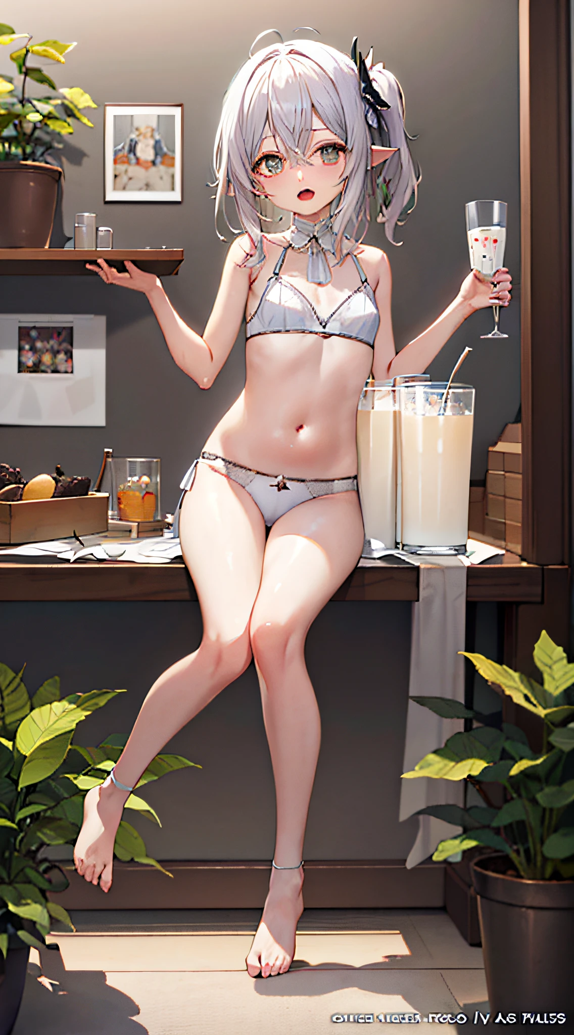 Best anime 4K subject wallpaper, best anime poster, a glass of milk, open mouth to milk, pure white milk, milk flowing out of the mouth, all wet, open navel, bare feet, feet, delicate face, exquisite body details
