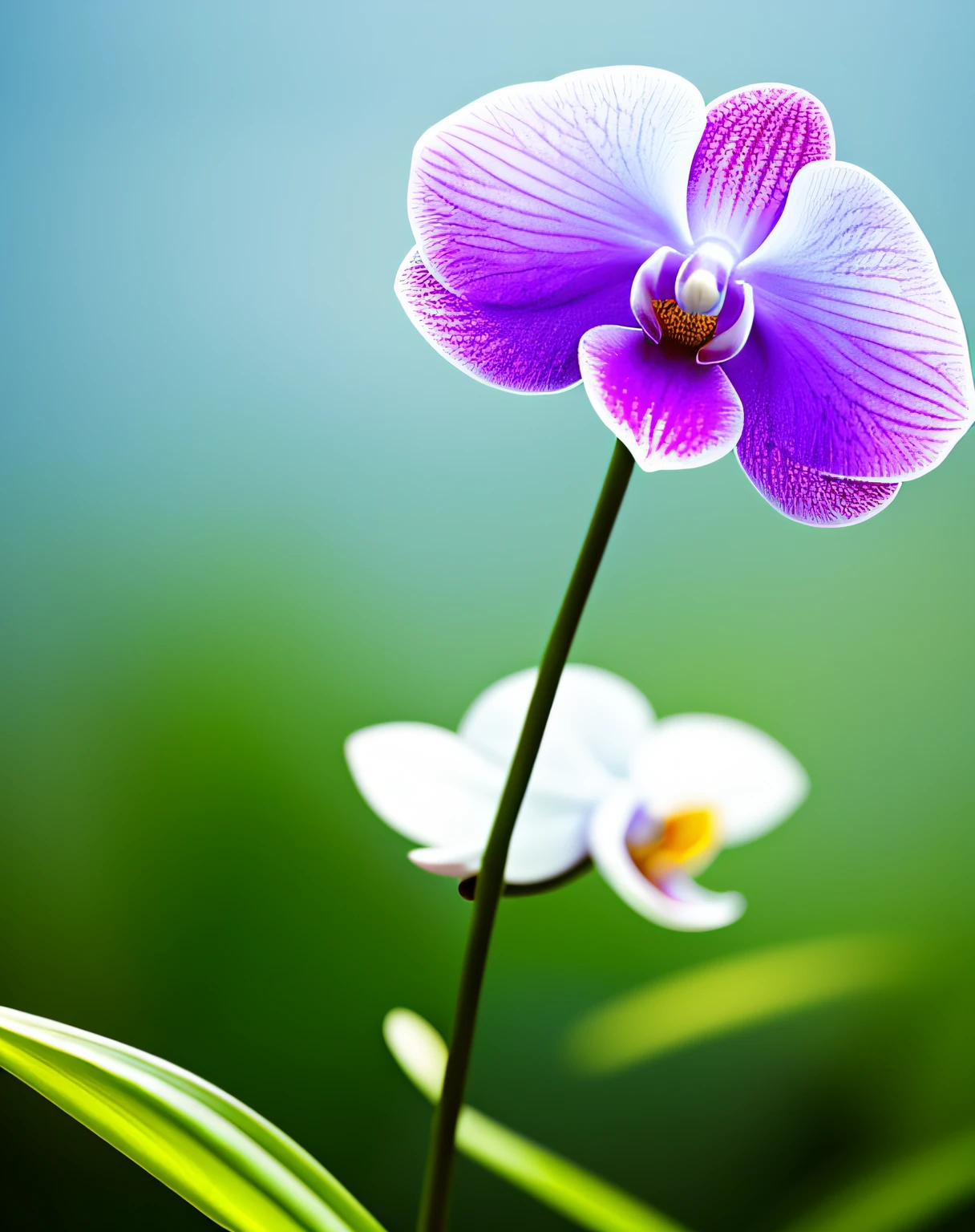 A beautiful blue orchid in high resolution on a slightly blurred cinematic background.