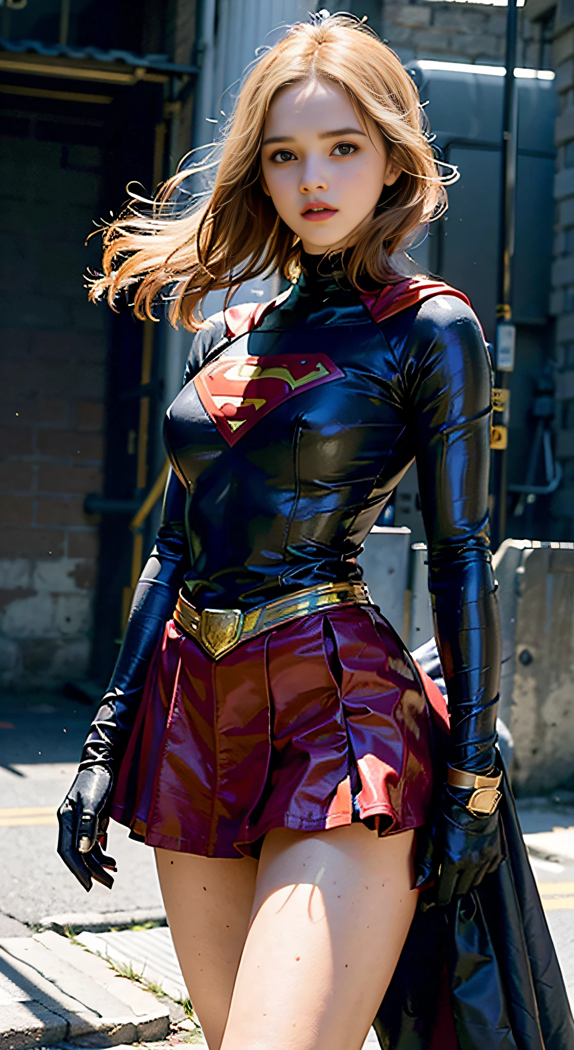 araffe woman in a costume and leather skirt walking down a street, supergirl, emma watson as supergirl, gal gadot as supergirl, astonishing, superhero, super heroine costume, absolutely outstanding image, super-hero girl, hybrid of gal gadot, super, superman, super model, anime visual of supergirl, wonderful, gal gadot as hell lord, cosplay