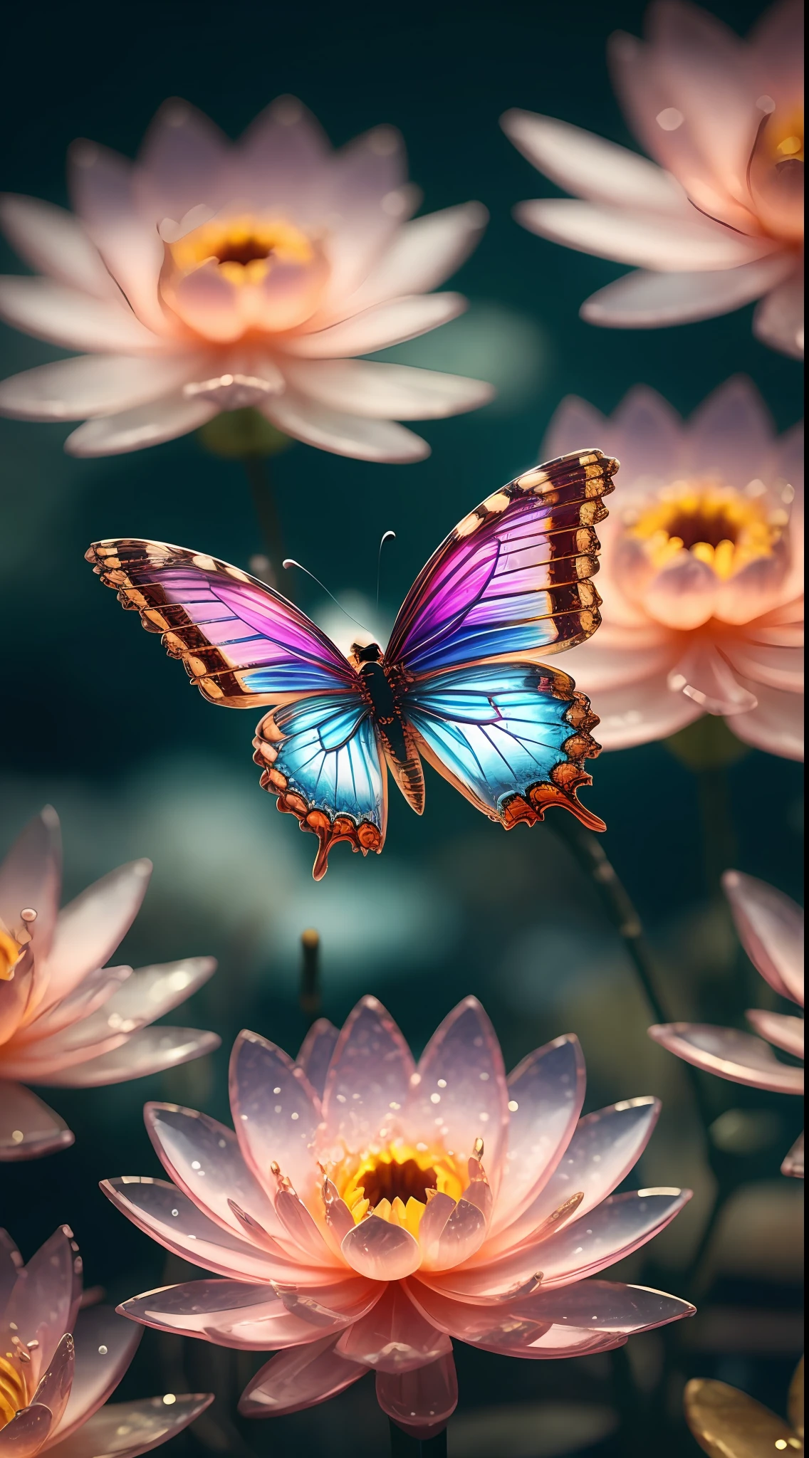 crystal lotus, crystal butterfly, fantasy, galaxy, transparent, sparkling, sparkling, brilliant, colorful, magical photography, dramatic lighting, photo realism, ultra detail, 4k, depth of field, high resolution