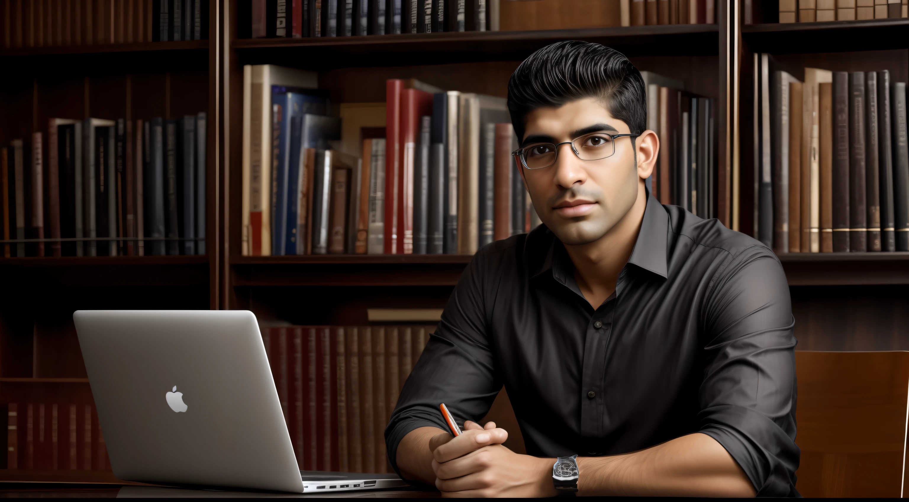 Arafed man in a black turtle collared shirt standing in front of a bookshelf, art in the foreground: mid shot portrait, hq, photo of a handsome man, looking directly at the camera, man in his 35s, sitting in a chair behind his office desk, on top of the desk is an Apple-branded laptop, portrait image, by Etienne Delessert, sayem reza, inspired by Yousuf Karsh, cinematic portrait headshot