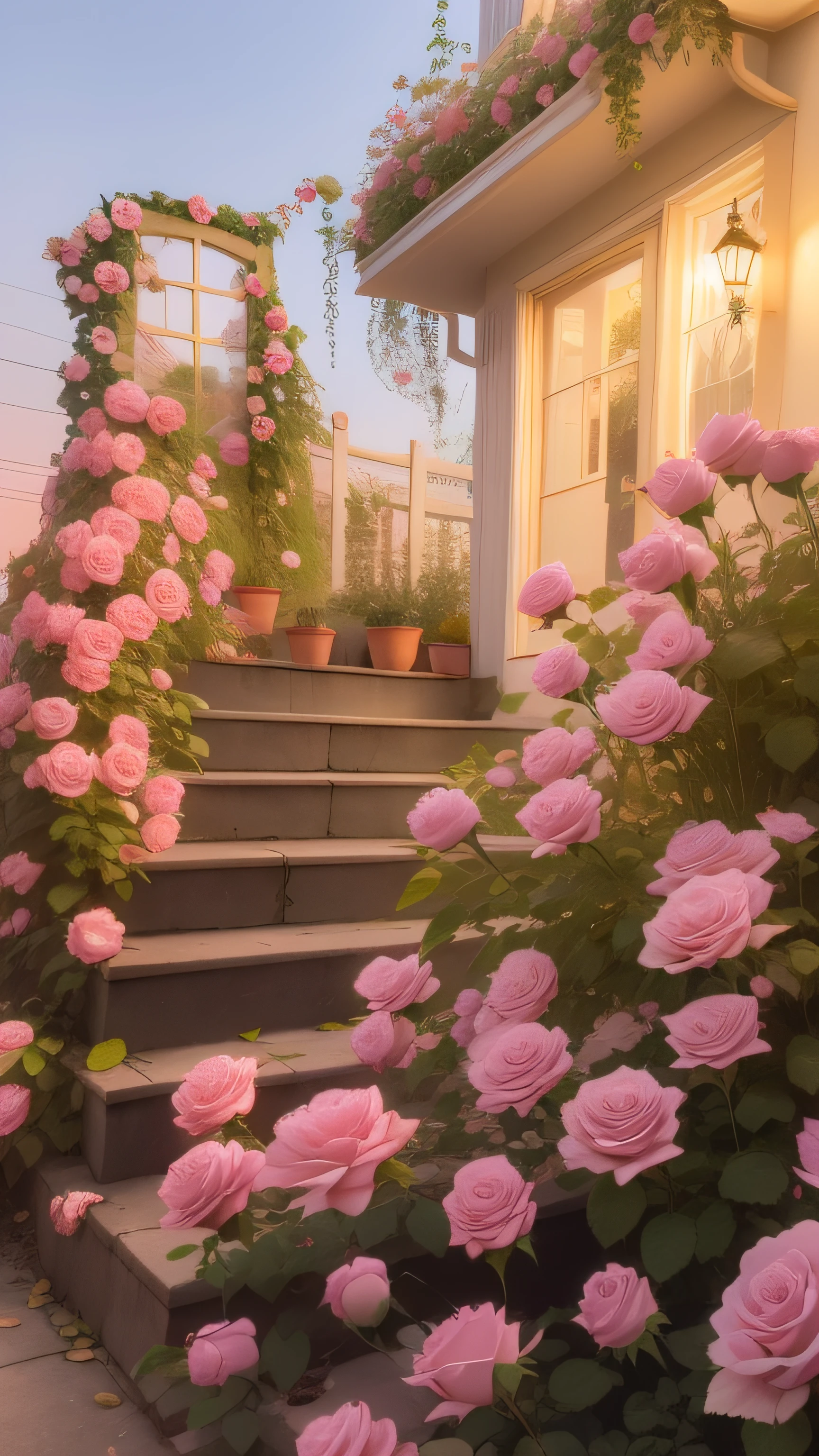there are pink roses growing on the steps of a house, beautiful and aesthetic, beautiful aesthetic, dreamy aesthetic, with soft pink colors, beautiful aesthetic design, 🎀 🧟 🍓 🧚, roses in cinematic light, portal made of roses, rosses, pink golden hour, by Anna Haifisch, pink flowers, rose pink lighting, beautiful aesthetic art, roses