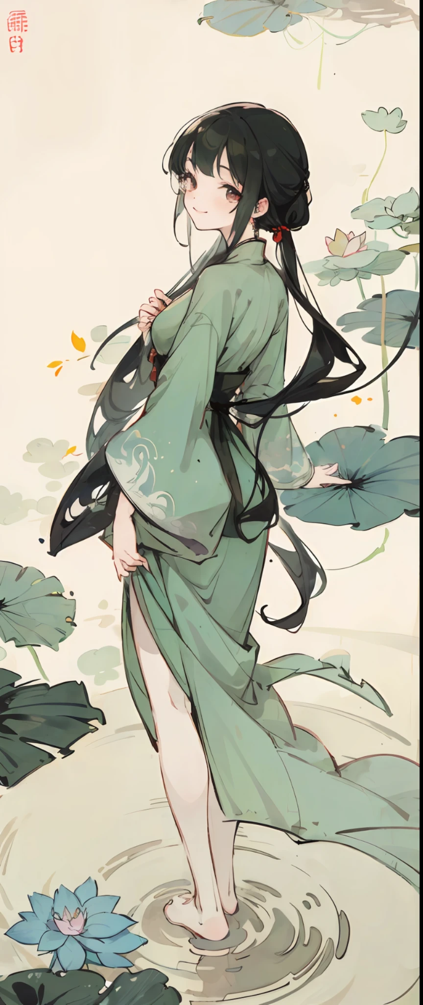 ((4k, masterpiece, best quality), shuimobysim, traditional chinese ink painting, lotus, hanfu, maxiskit, dress conservatively 1girl, solo, long greenish black hair, smile, standing, sculptural body, back to the viewer, feet in the water, barefoot, small fireflies flying around.