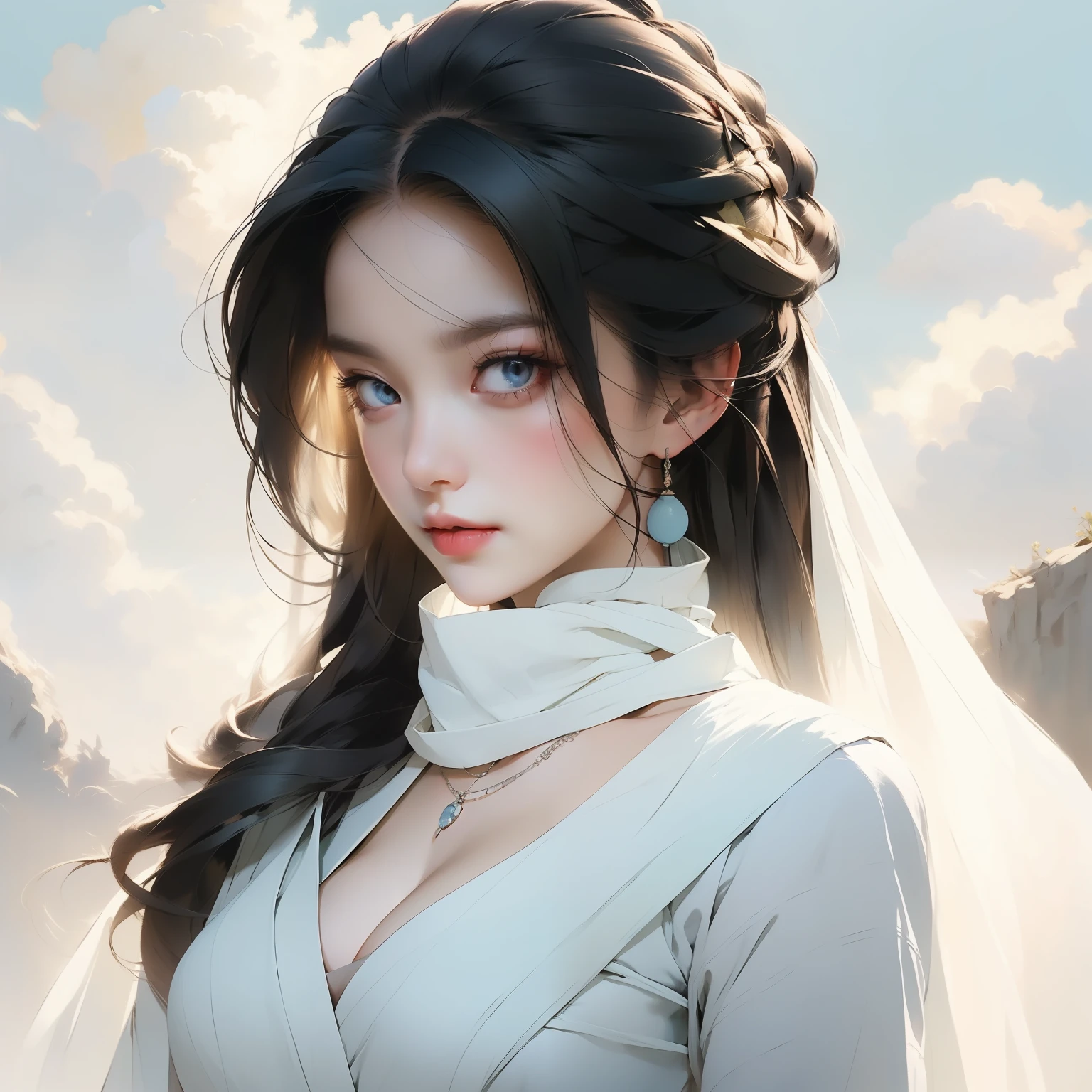 A beautiful bust of a woman draped in a scarf, open meadow, blue sky and white clouds, delicate face full of details, high detail, 8k, vivid and bright colors, behance hd, masterpiece, best quality,