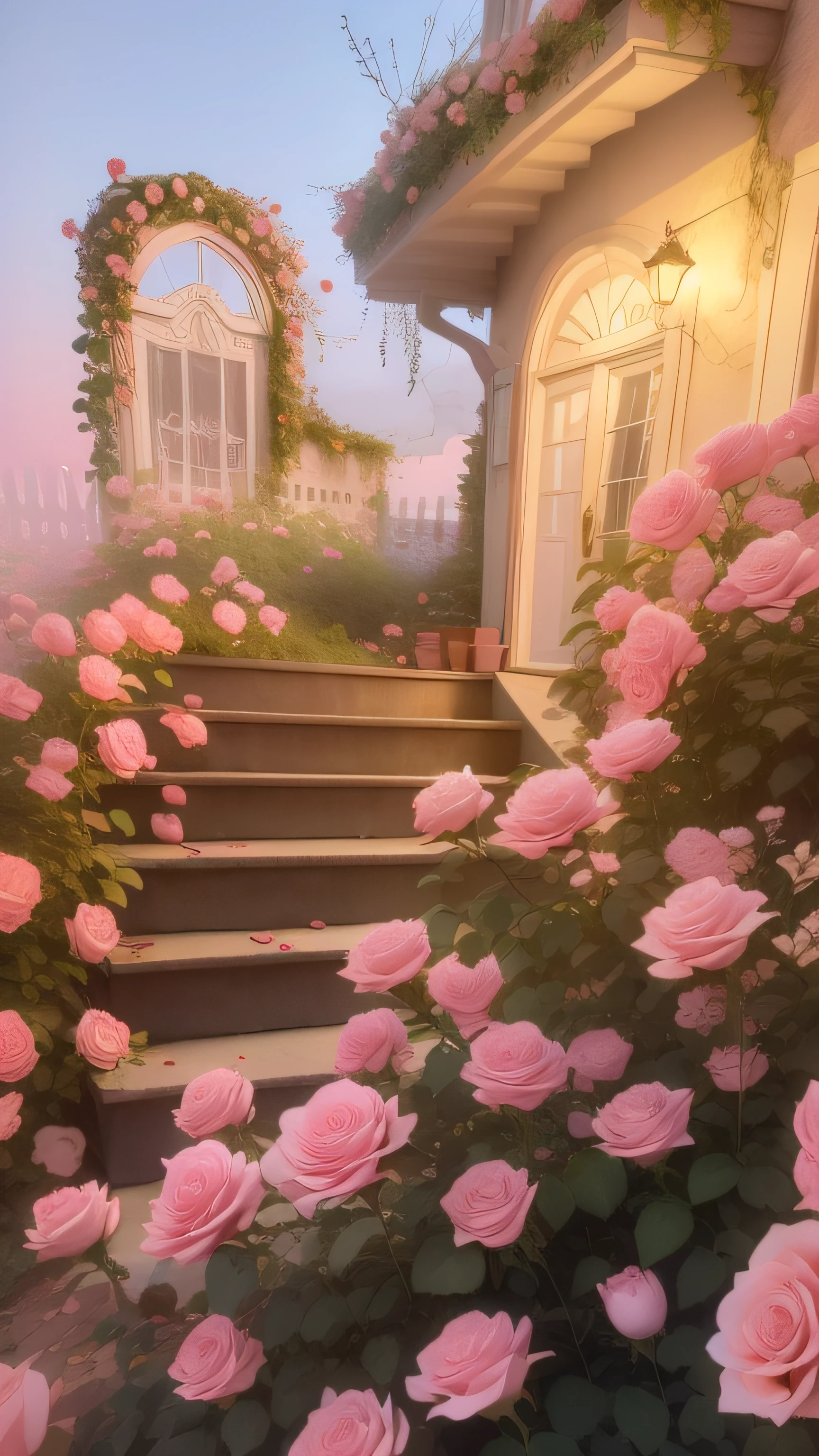 there are pink roses growing on the steps of a house, beautiful and aesthetic, beautiful aesthetic, dreamy aesthetic, with soft pink colors, beautiful aesthetic design, 🎀 🧟 🍓 🧚, roses in cinematic light, portal made of roses, rosses, pink golden hour, by Anna Haifisch, pink flowers, rose pink lighting, beautiful aesthetic art, roses