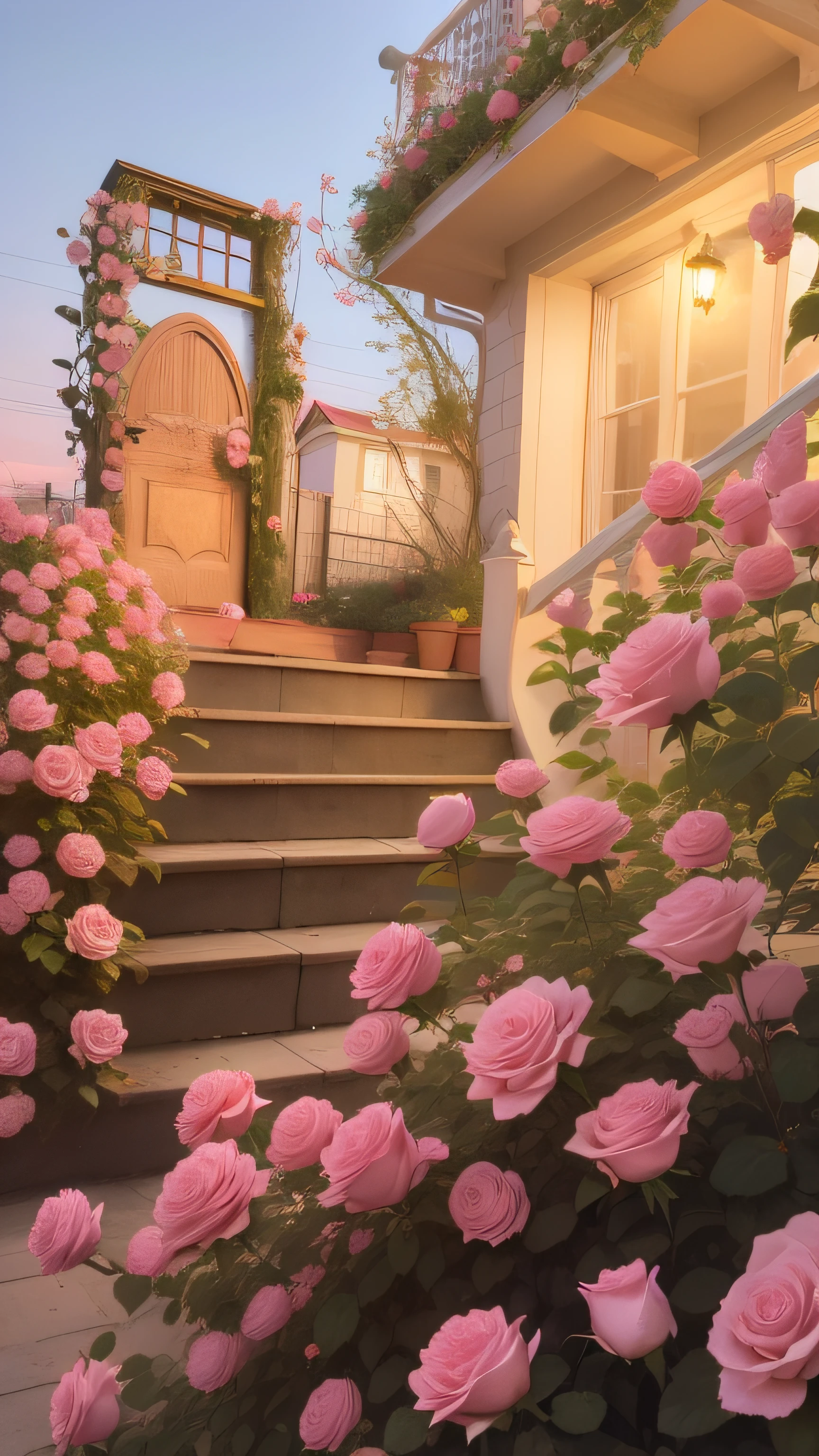 there are pink roses growing on the steps of a house, beautiful and aesthetic, beautiful aesthetic, dreamy aesthetic, with soft pink colors, beautiful aesthetic design, ๐ ๐ง ๐ ๐ง, roses in cinematic light, portal made of roses, rosses, pink golden hour, by Anna Haifisch, pink flowers, rose pink lighting, beautiful aesthetic art, roses