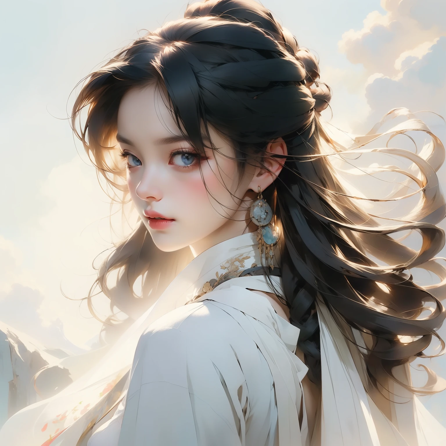 A beautiful bust of a woman draped in a scarf, open meadow, blue sky and white clouds, delicate face full of details, high detail, 8k, vivid and bright colors, behance hd, masterpiece, best quality,