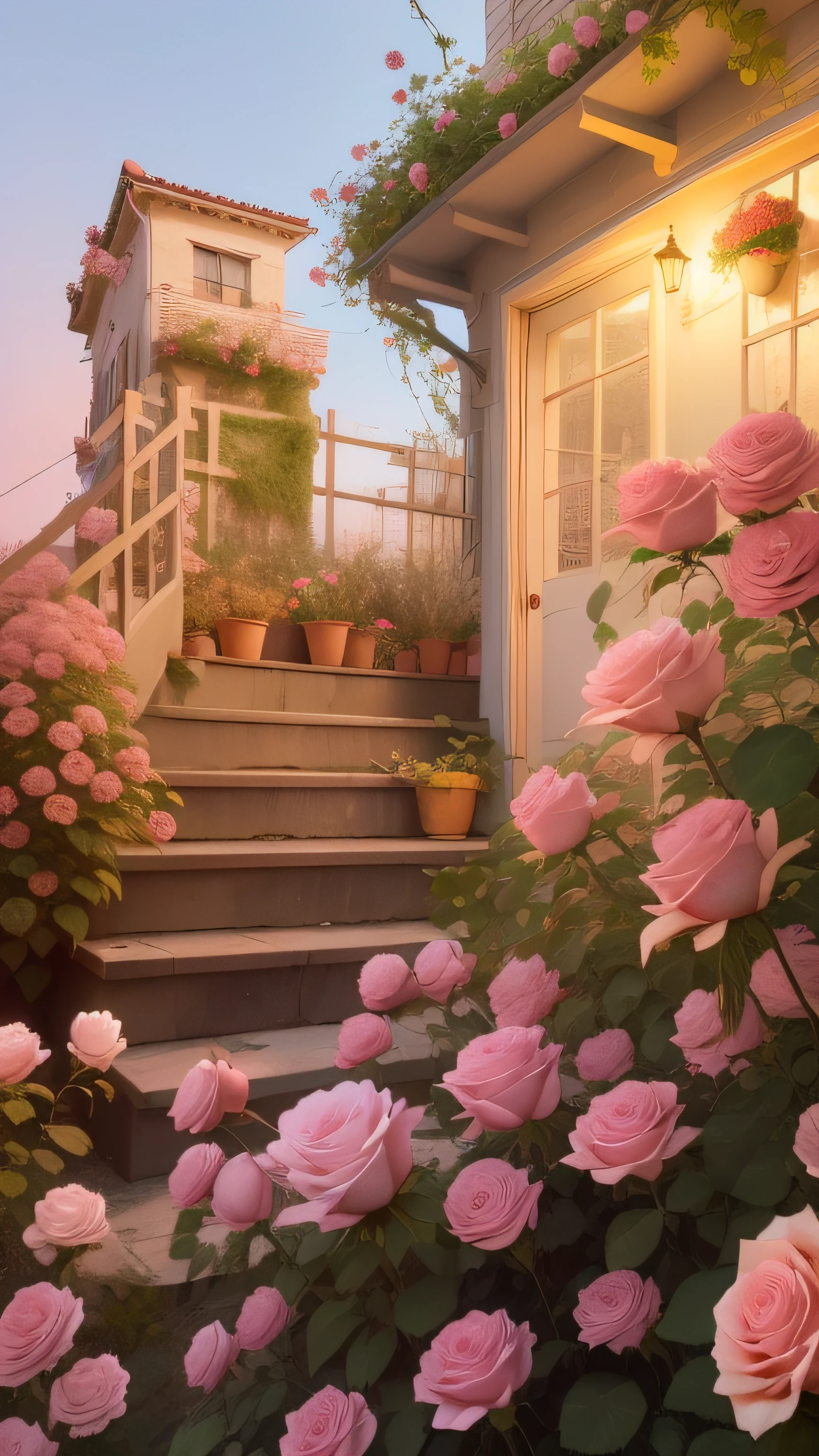 There is a picture of a house with pink roses growing on the steps ...