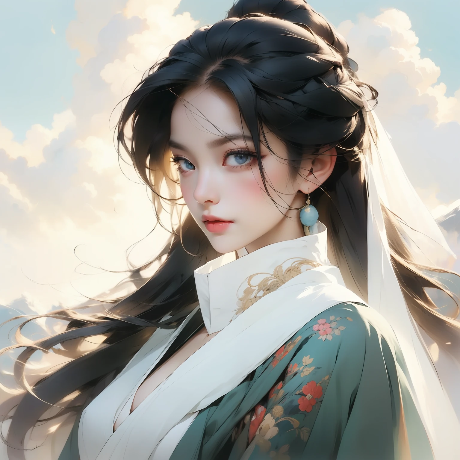 A beautiful bust of a woman draped in a scarf, open meadow, blue sky and white clouds, delicate face full of details, high detail, 8k, vivid and bright colors, behance hd, masterpiece, best quality,