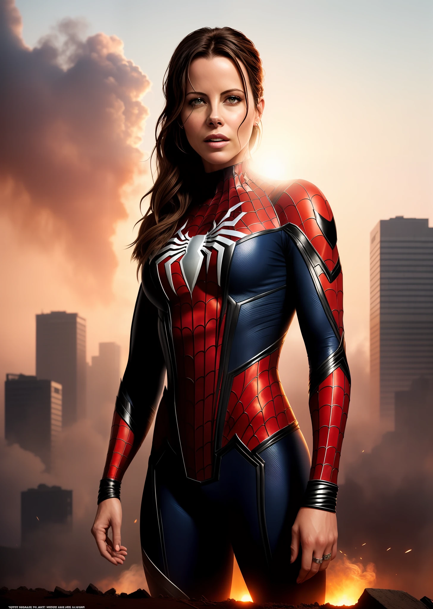 Kate Beckinsale in detailed brown Spider-Man costume, large breasts, superhero pose, standing in ruined city at sunset, hyperdetailed, smoke, sparks, sunbeams, (8k), realistic, symmetrical, award-winning, cinematic lightning, soaked, film, 75mm, scratches, full body shot, close-up, torn and dirty clothes, detailed face,
