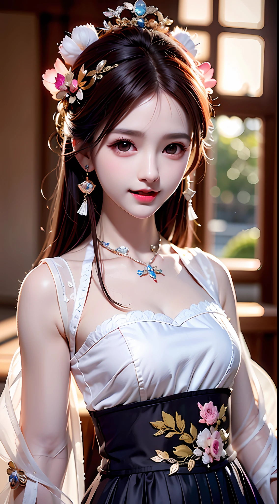1 young empress wearing red lace top, deep-breasted nightgown, Chinese-style clothes, ancient costumes with many phoenix patterns, flawless white and pink face, crown on her head, black hair hip length, very beautiful and sharp brown eyes, small red lips, painted lips, charming smile, jewelry worn around the neck, earrings, white and even teeth, high nose, big round breasts, elongated legs, thin mesh black socks, portrait, most realistic, highest quality, best pixels, 8k ultra,