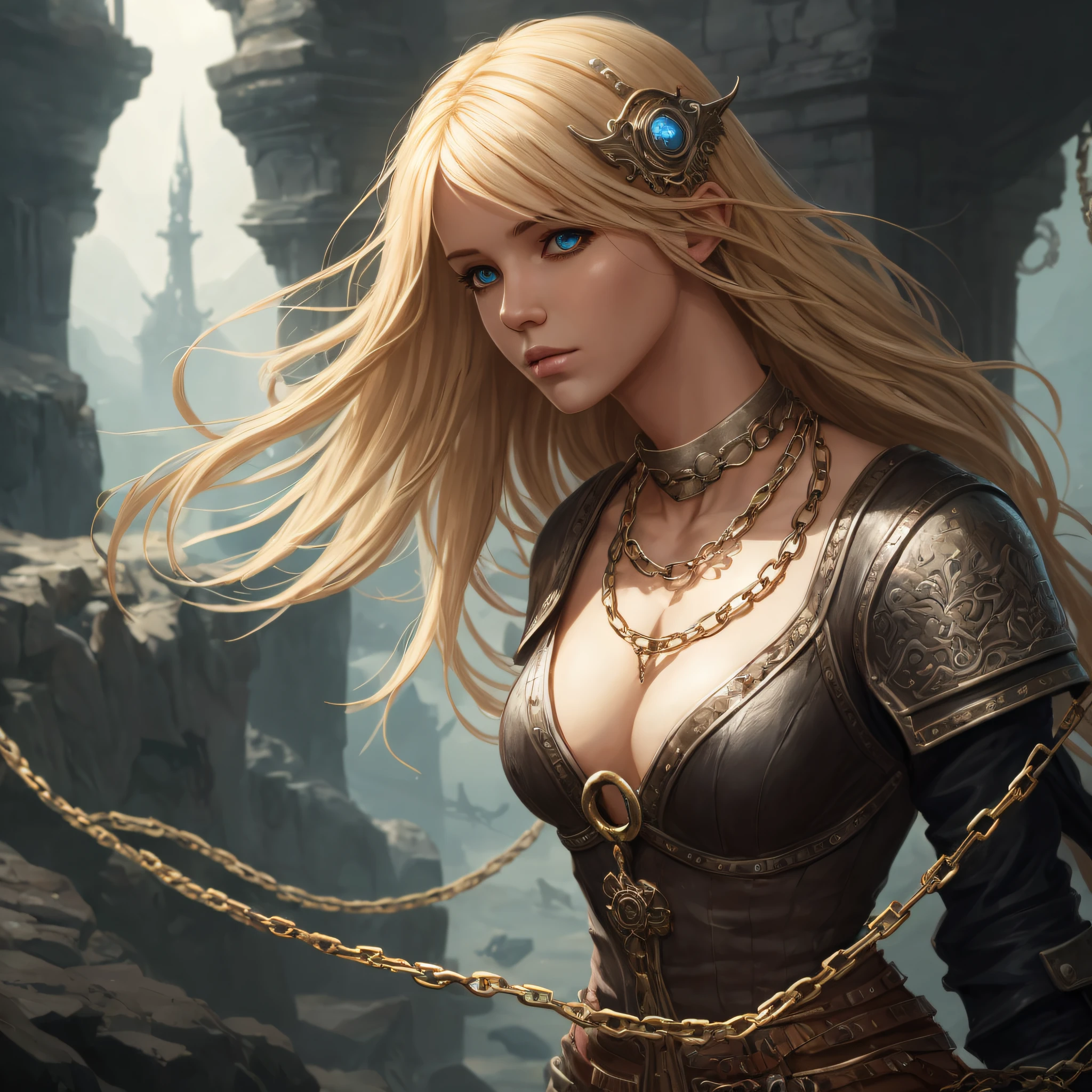 blond woman with chains and chains around her neck and chest, epic fantasy art style, fanart best artstation, dark fantasy style art, epic fantasy art portrait, epic fantasy digital art style, epic exquisite character art, fantasy art style, deviantart artstation cgscosiety, 4k fantasy art, realistic fantasy artwork, epic fantasy art style hd, hyperrealistic fantasy art --auto