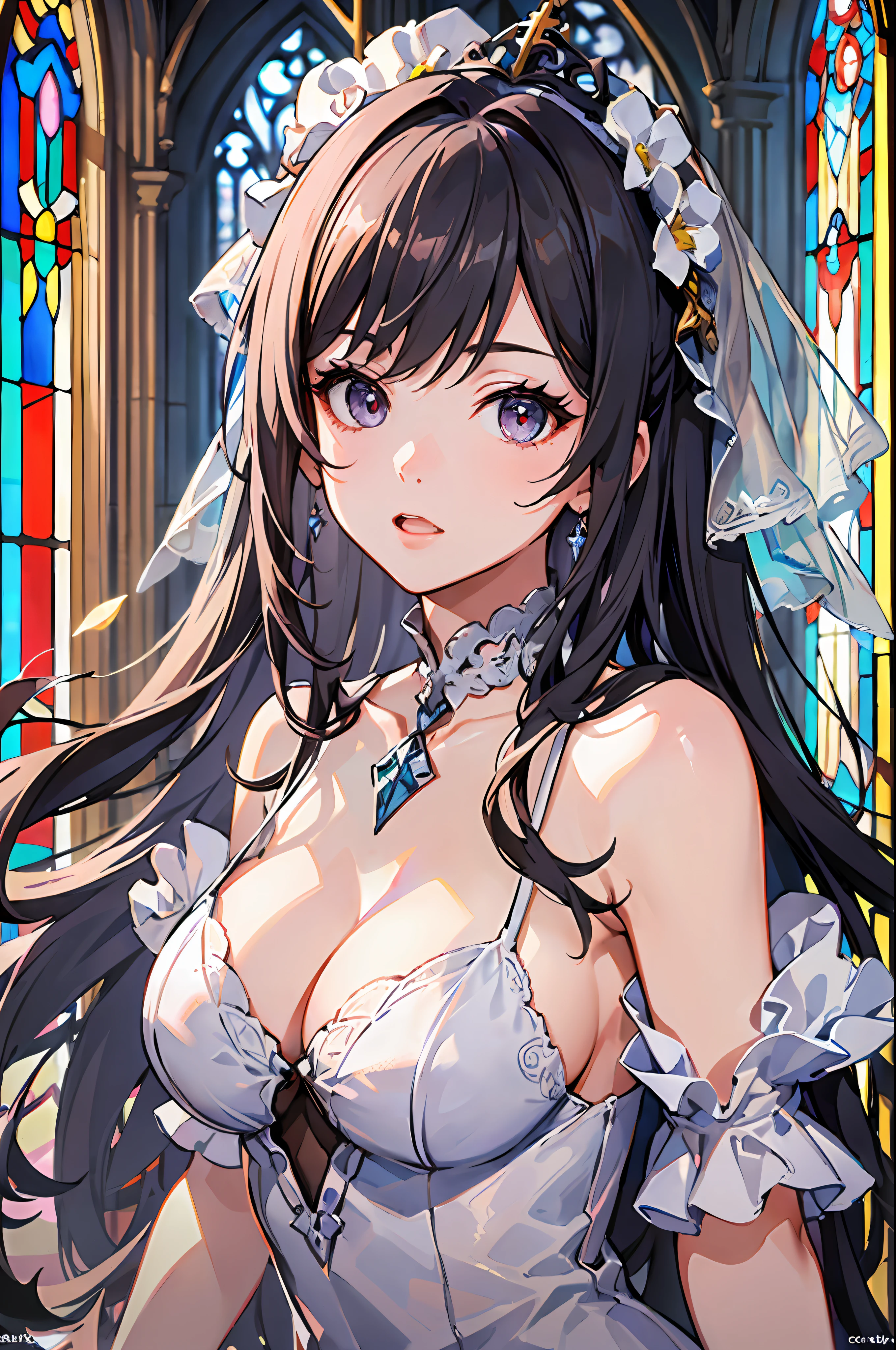 (kawaii,cute:1.1), high resolution, (incredibly absurdres:1.1), (hires.fix:1.3), extremely detailed CG unity 8k wallpaper
BREAK
((masterpiece:1.5)), (8k, RAW photos, highest quality, high resolution, absurdity), high-definition RAW color photos, professional photos, paper cutting, (beautiful girl), (detailed beautiful face:1.3),(detailed beautiful silver eyes),big tits, cleavage, wedding dress, ((white dress)), scenic print, pale_skin, beautiful black hair, braided bangs, ((long hair, straight hair)),
BREAK
((beautiful church)), ((beautiful stained glass)), (magnificent panorama view), (underworld, fantasic ocean), depth of view
