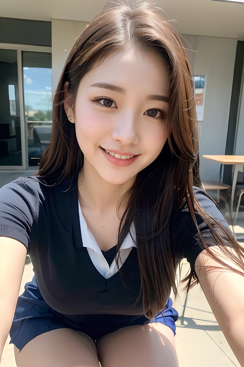 (8K), (Best Quality: 1.2), (Realistic), (Photorealistic: 1.37), Ultra High Definition, 1 Girl, Cute, Smile, Closed Mouth, Beautiful Details, Beautiful Nose, Full Body, Wet Hair, Colossal Dalsefo, Pork, School Uniform, Thighs
