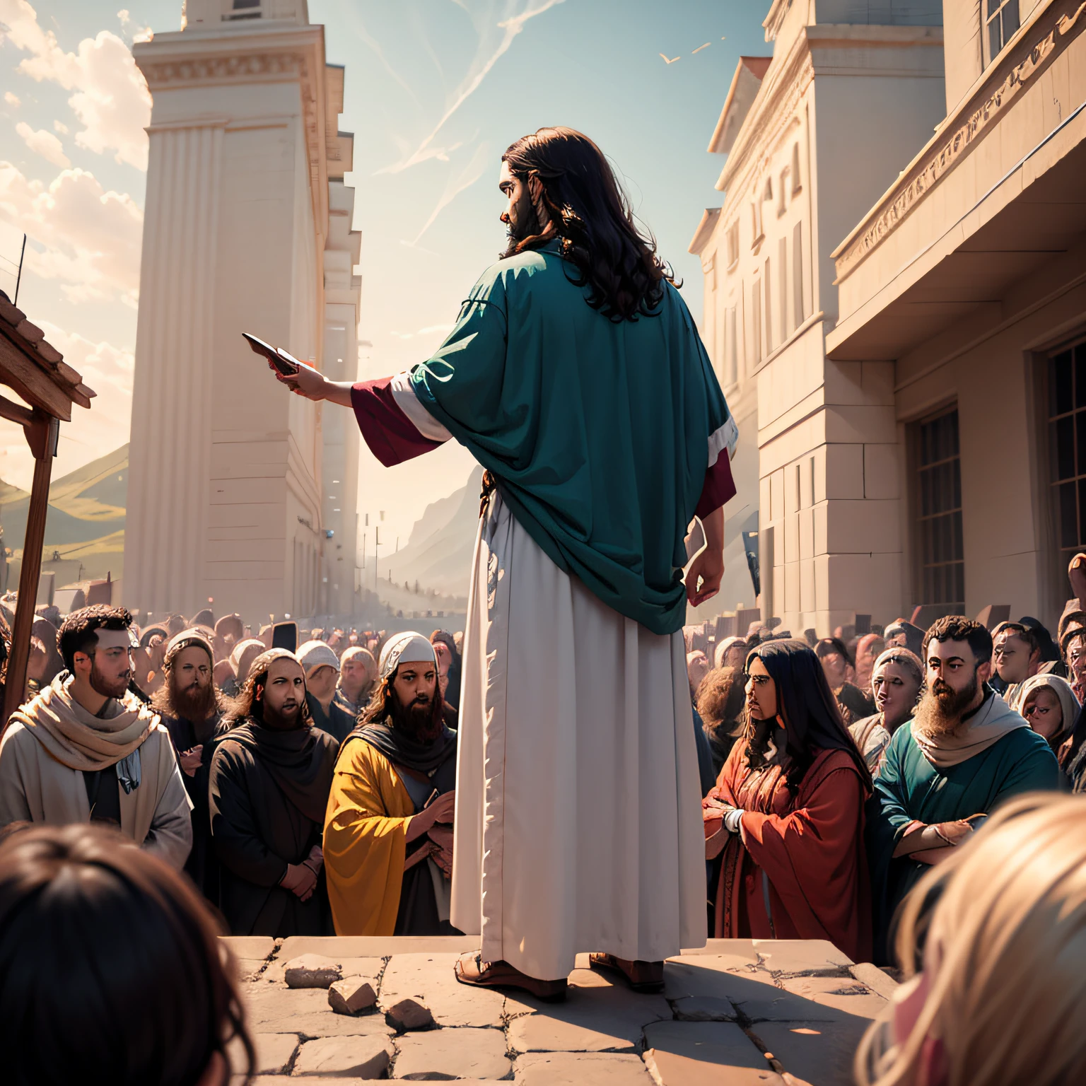 Illustration: Scene showing Jesus on his back delivering the Sermon on the Mount, surrounded by a crowd of people.