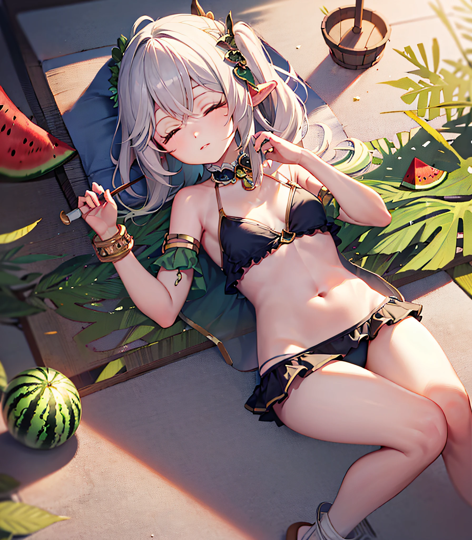 Best anime 4K subject wallpaper, best anime poster, seaside, beach, sun umbrella, watermelon, chill, lying down, blue bikini, delicate bikini costume, closed eyes, sleeping, navel, delicate face, delicate details