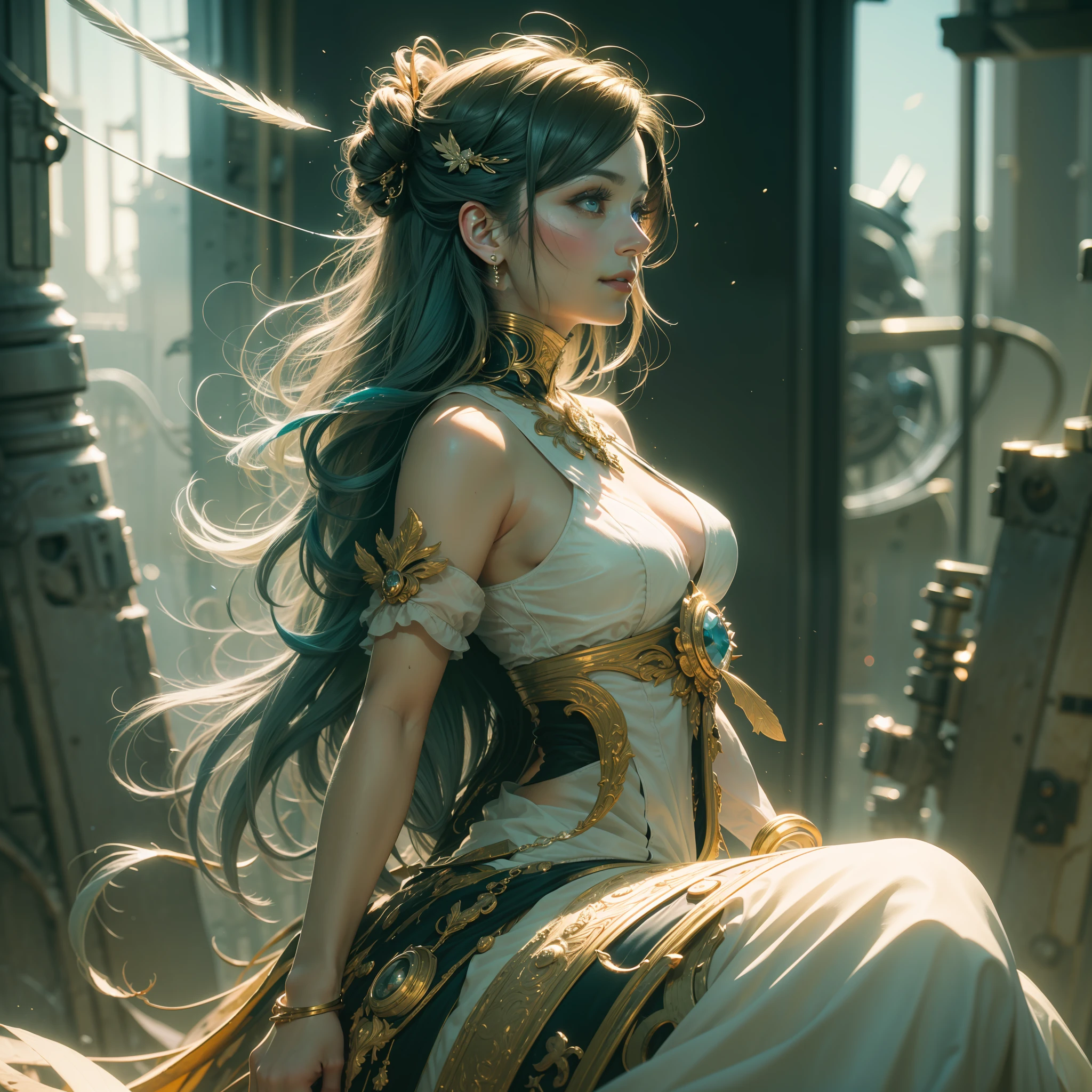 (((hyper detail))),(Extreme detail CG Unity 8K wallpaper, masterpiece, highest quality), (exquisite lighting and shadows, very dramatic images, beautiful girl), (cinematic lens effect), haze, looking far, profile, Alphonse Mucha, decadence, ruin, space, feathers, colorful, royal costume, charming smile, odd eyes, blue eyes, (dynamic pose), The background is space (good detail, good lighting, wide angle), good rendering, decadent, grain film, detailed gradients