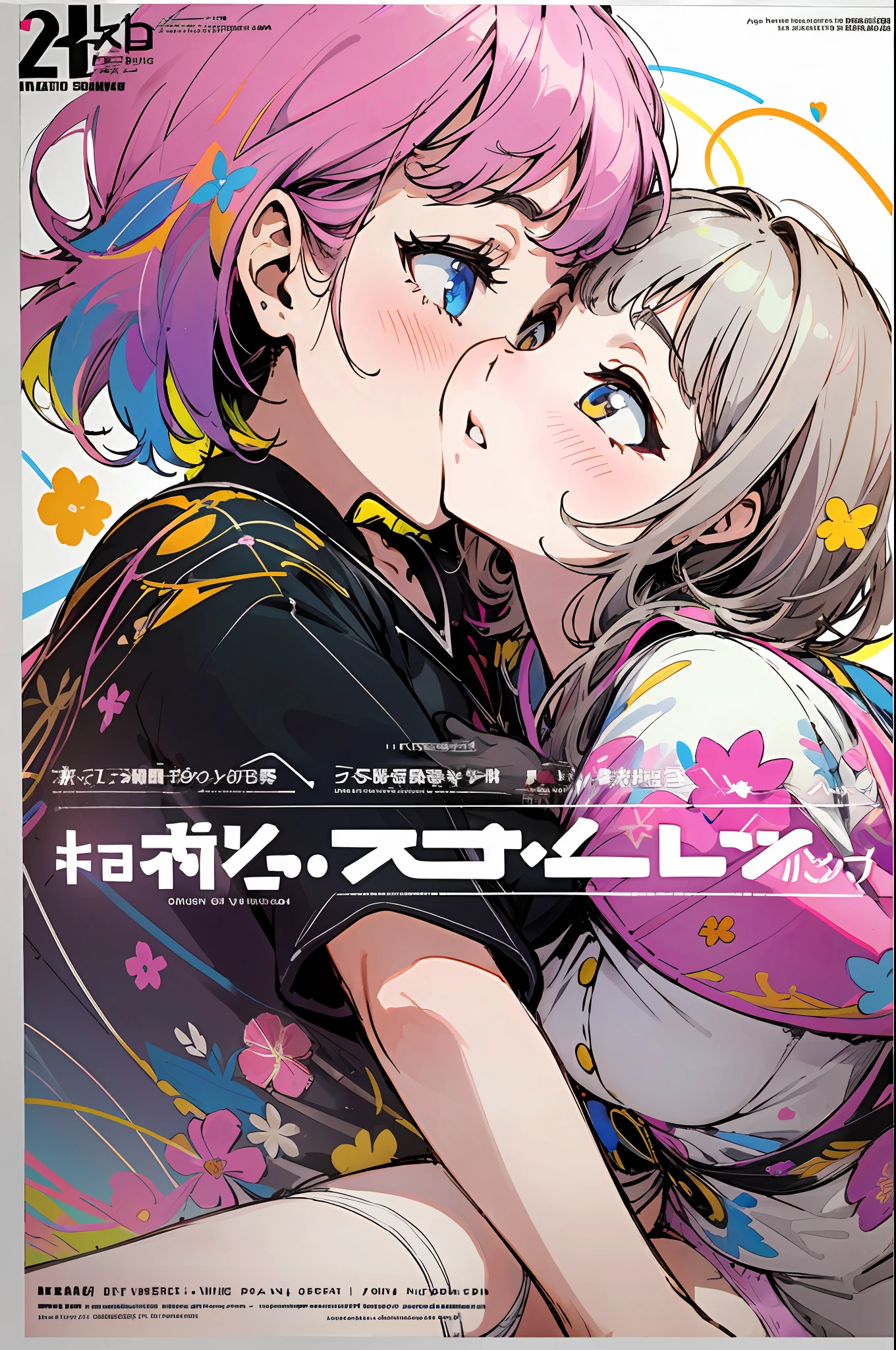 masterpeace, best quality, (magazine cover), lineart, colorful, 2girls, (age differenc), loli, kissing, hugging, (floral panties), vibrant colors, Volumetric Lighting, Best Shadows, Shallow Depth of Field, (Highest Quality, Amazing Details:1.25), Brilliant Colorful Paintings,