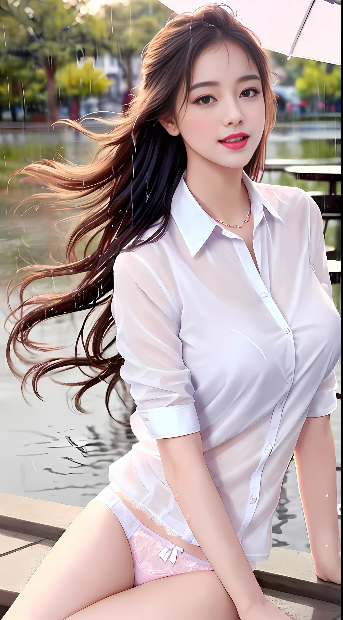(64K, UHD, finest quality, masterpiece:1,2), (realistic, photo-realistic:1,37), very detailed, 1 girl, cute, pink lips, solo, beautiful sky detail, detailed cafe, night, sitting, date, (blushing nose), (smile: 1.15), (mouth full of white liquid) huge breasts, beautiful eye details, (sexy lingerie in shirts and skirts and uniform:1.1), night, wet, rain, white lace, (long hair :1.2), floating hair, topless,