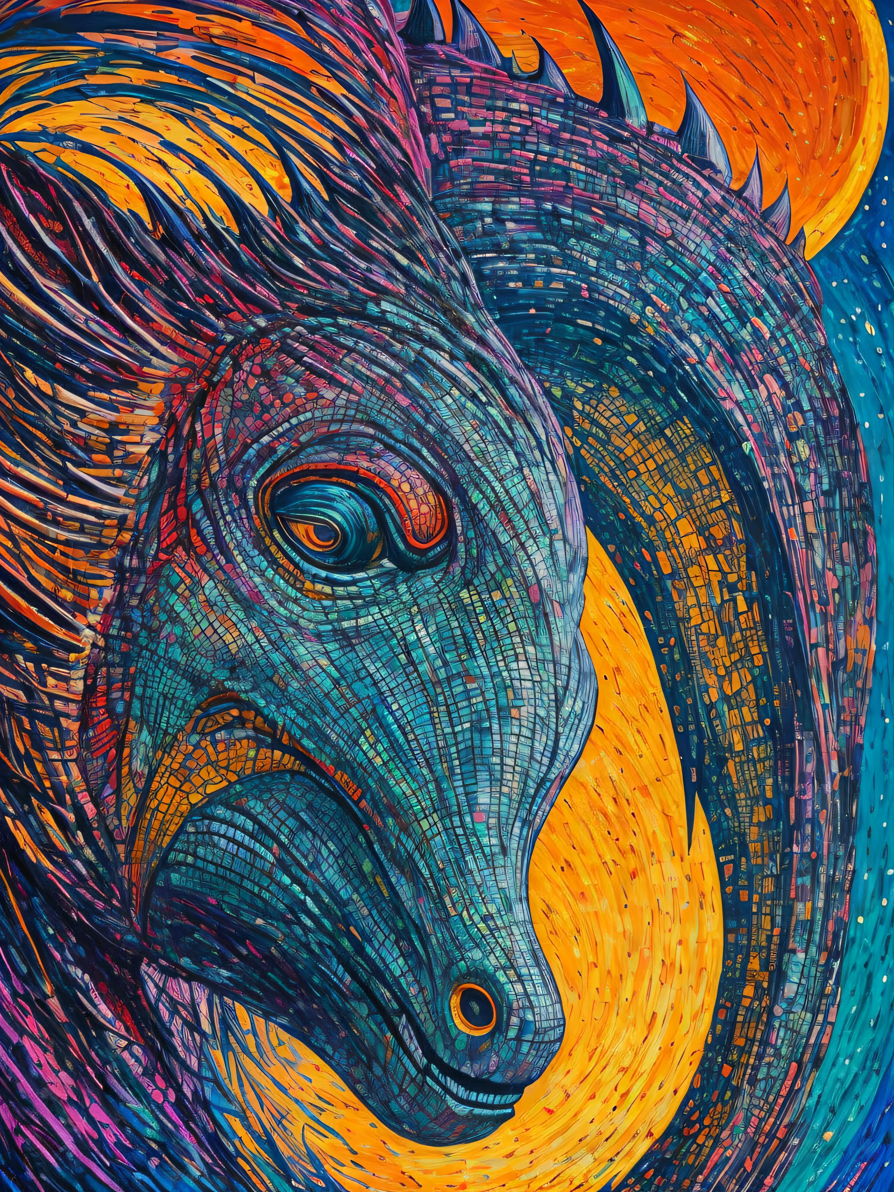 (art by kandinsky:0.7), sharp image, 8k, kidney light, poster, hdr, detailed, dinosaur, face, front face