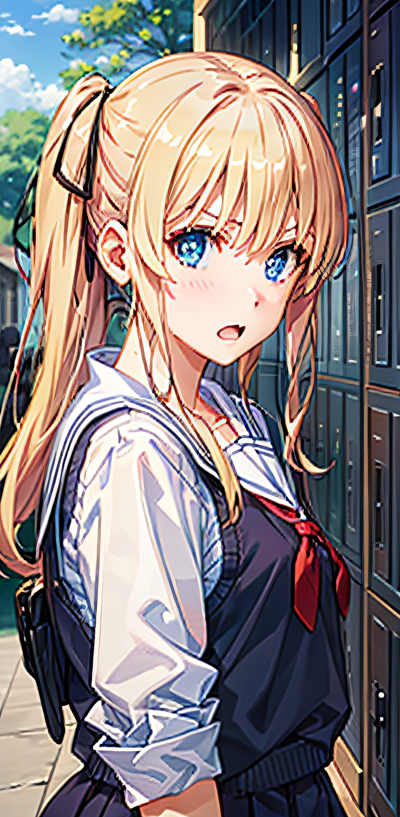 ph_eriri, sawamura spencer eriri, 1girl, blonde hair, blue eyes, school uniform, twintails, solo, fang, long hair, open mouth, hair ribbon, locker, anime coloring, parody, serafuku, blush, bangs, sweater vest, black ribbon, cloudy sky, sky, trees, (masterpiece:1.6, best quality), (finely detailed beautiful eyes: 1.2),
, (masterpiece:1.6, best quality), (finely detailed beautiful eyes: 1.2),