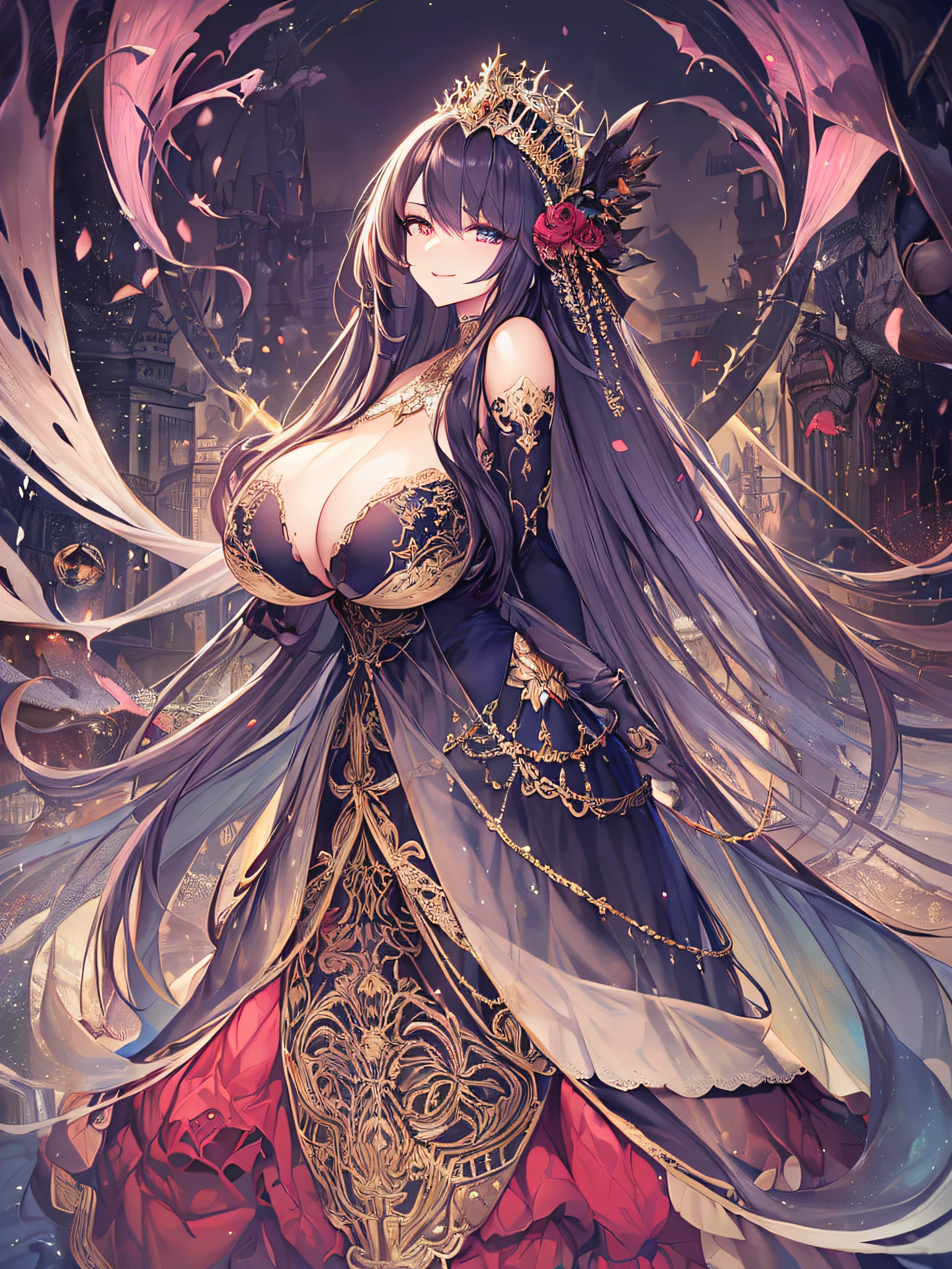 ((anime artstyle)),(Masterpiece),(Best Quality), (Super Detail),Illustration,((Very Delicate and Beautiful)),Focus on character,Dynamic Angle,Looking at viewer,((Solo)),standing,(((full body))),((one evil and cute princess in gorgeous ball gown with voluminous skirt)),detailed face and eyes,Wicked laugh,jewel-like eyes,((Very Long voluminous Hair)),gorgeous embroidery and lace,See-through,ornate ruffles,Gorgeous jewelry ornaments,luxury hair ornament,luxury tiara with jewels,(gigantic breasts,Long breasts),full body,((evil atmosphere)),((gorgeous ball gown with voluminous skirt))