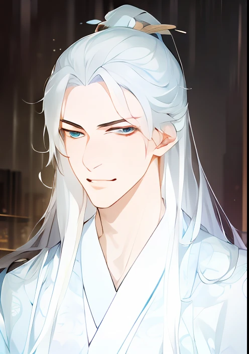 Delicate hermaphroditic prince, beautiful hermaphroditic prince, inspired by Zhang Han, Kurase Jinyao, inspired by Bian Shoumin, elf man, delicate long white hair, inspired by Guan Daosheng, inspired by Ma Yuanyu, handsome prince, 1boy, white hair, solo, hair accessories, 1 blue eyes, 1 red eyes, different pupils, Hanfu,