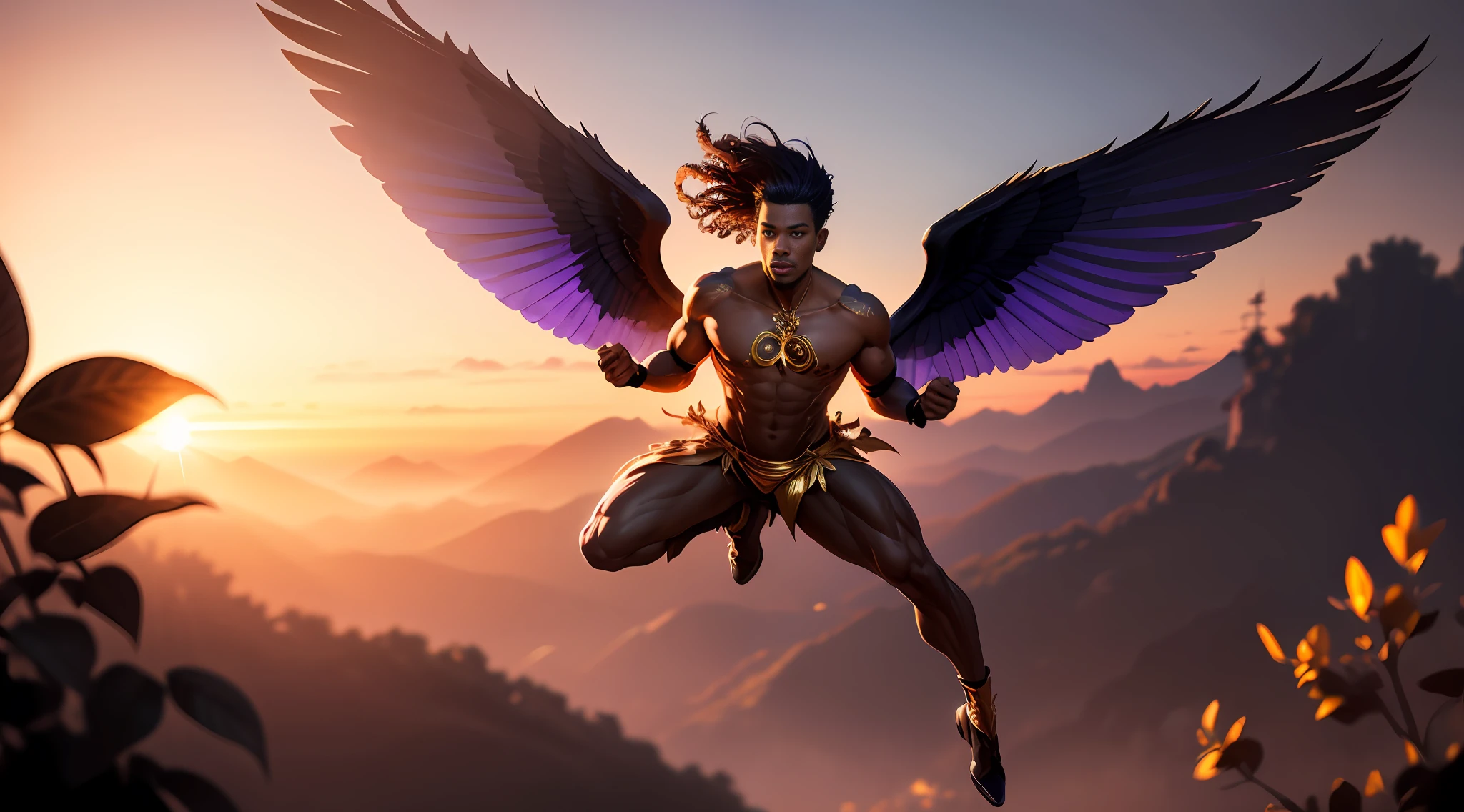 Fairy male black man with gold and purple details, large wings, flying in the air, vegetation blurred background, soft colors, soft light, sunset light, smooth light, symmetrical, full body, reflections, HDR lighting, 8k resolution, cinematic film, smooth, strobe light beams, masterpiece, full body