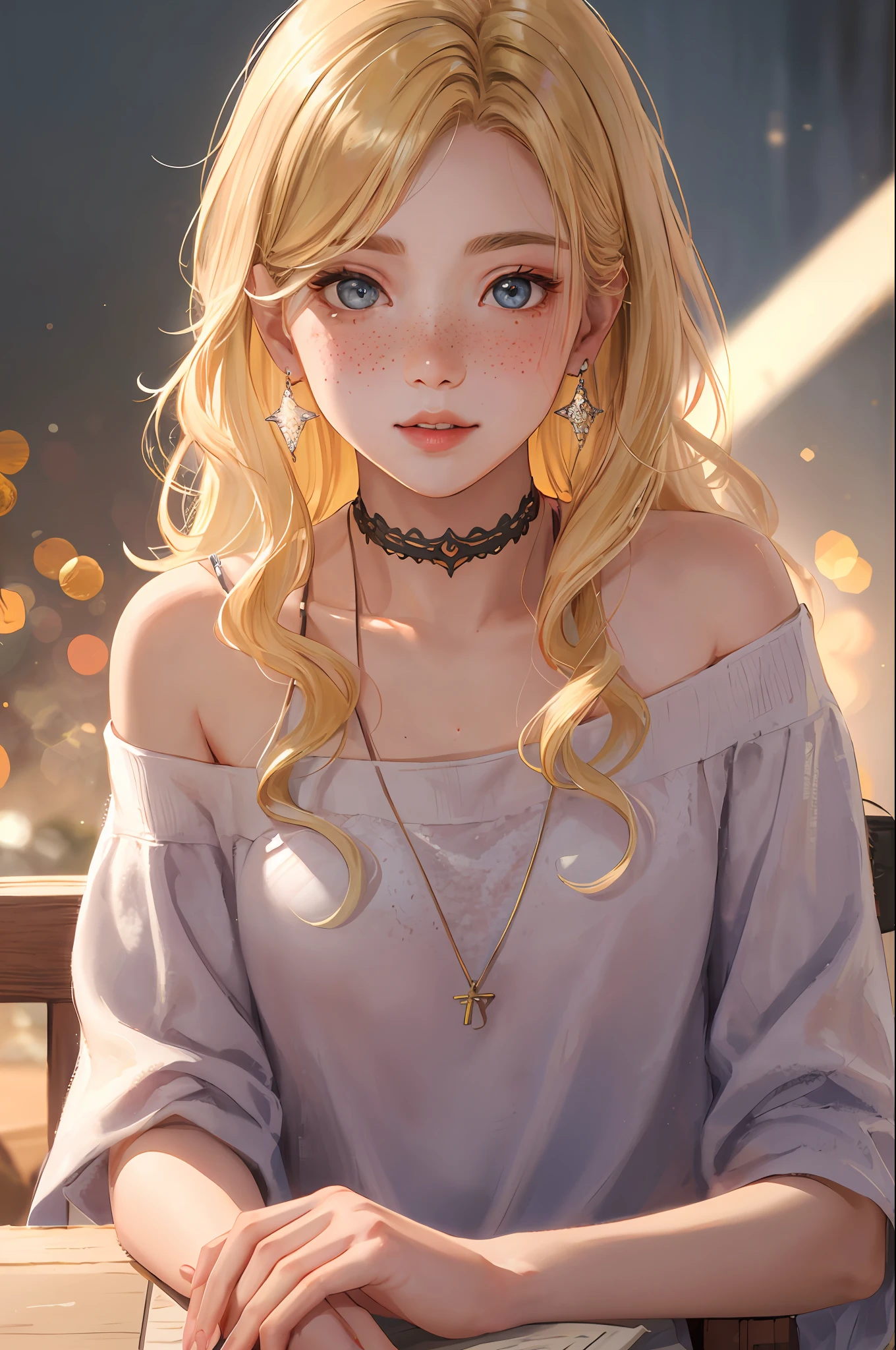 realistic, best quality, 8k uhd, dslr, soft lighting, high quality, film grain, Fujifilm XT3, intricate detail, depth of field, 20 years old girl, sitting, (lens flare, backlight:1.2), (blonde, long wavy hair), earrings, hair ornament, off shoulder, freckles, blush, choker, looking at viewer, flash,