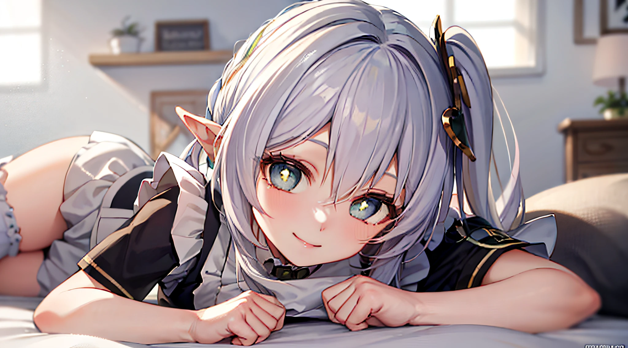 Best anime 4K section wallpaper, best poster, bedroom, lying in bed, maid costume, smile, face closeup, leg closeup, delicate face, good-looking eyes, super cute anime girl, exquisite details